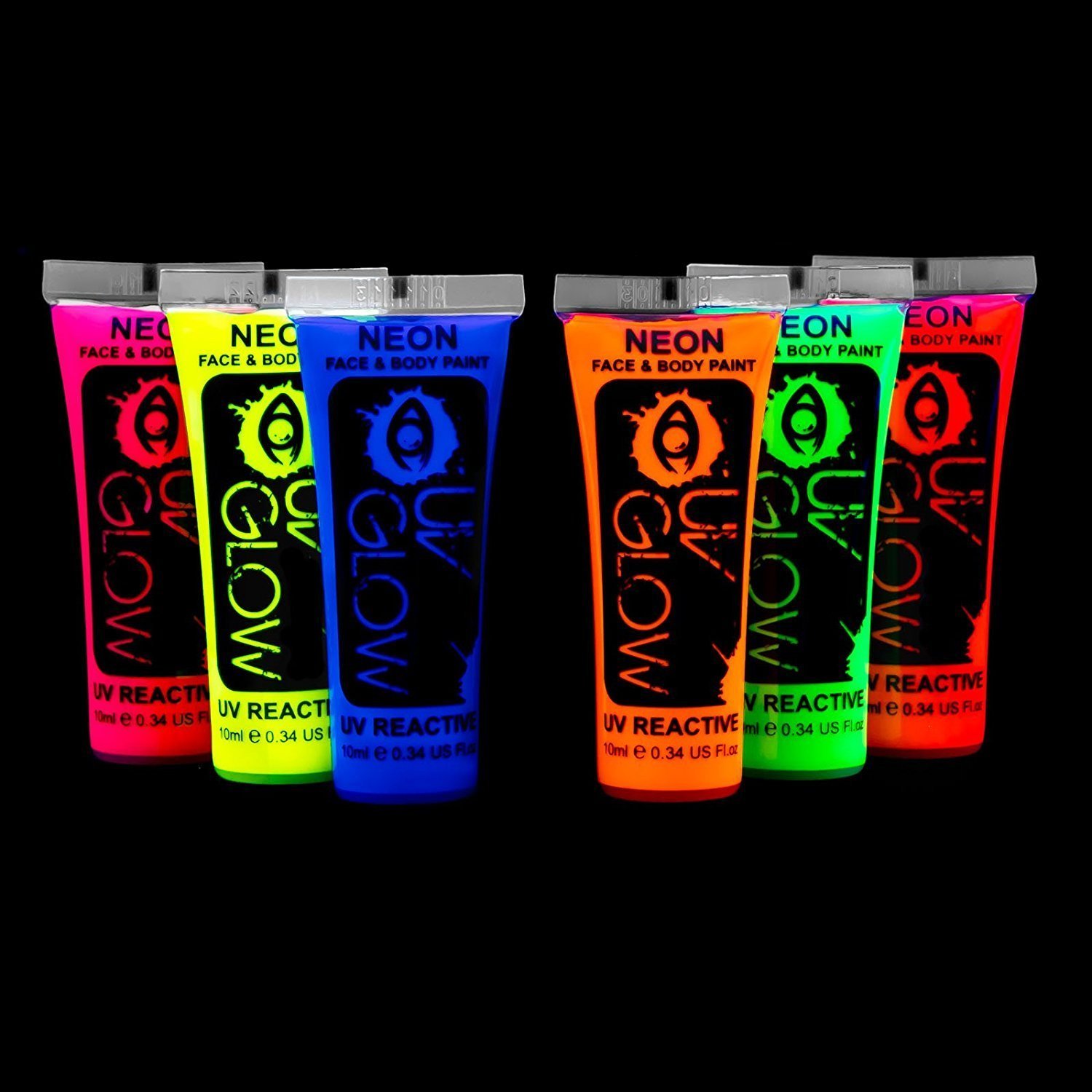 UV Neon Fluorescent Black Light Body Paint & Face Makeup - Glow in Dark 0.34oz (6 Tubes Set) for Halloween, Cosplay, Rave Parties & Body Art