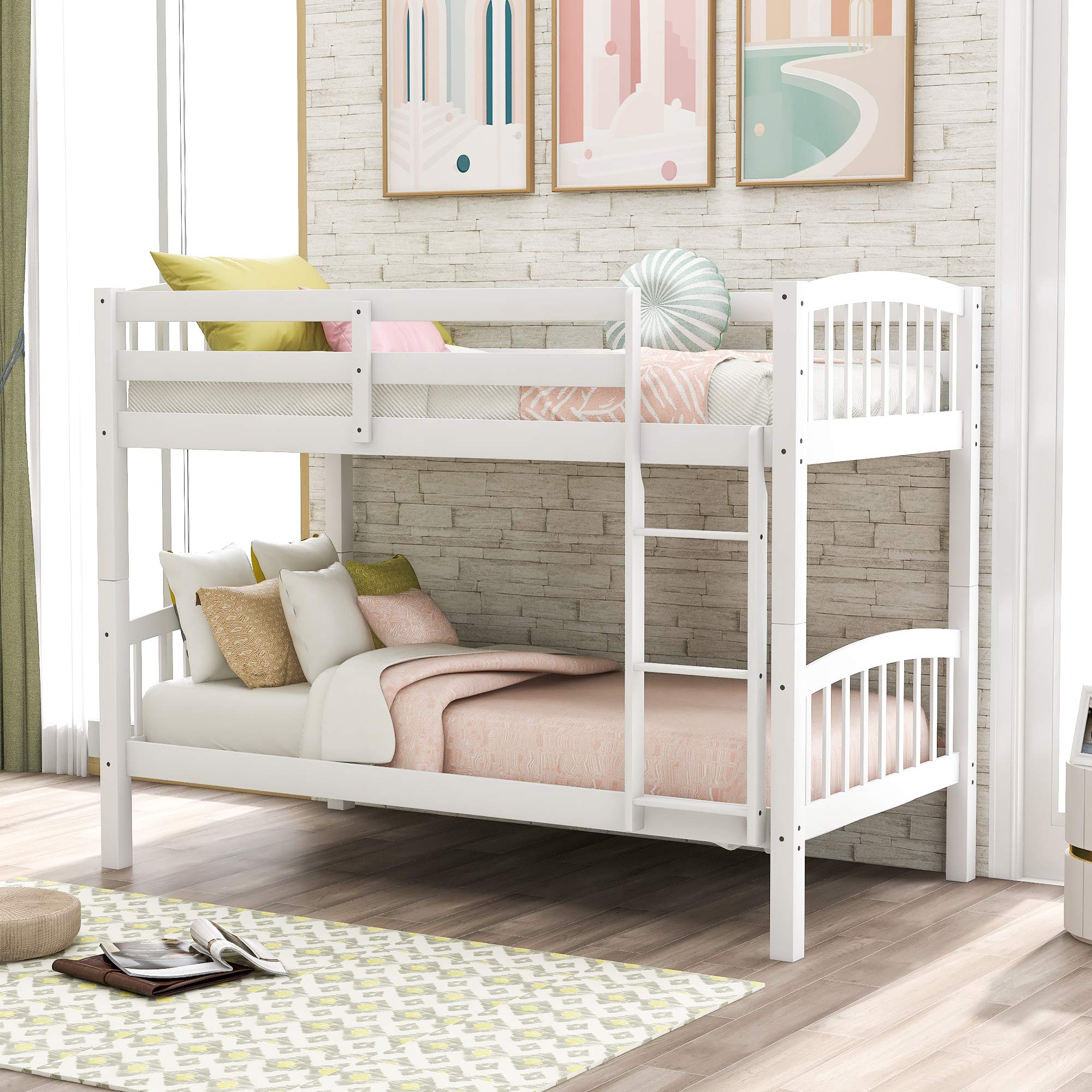 Merax Solid Wood Twin Over Twin Bunk Bed with Ladder & Guardrail - Convertible to 2 Separate Twin Beds (White) - Space Saving Kids Bedroom Furniture for Siblings or Sleepovers