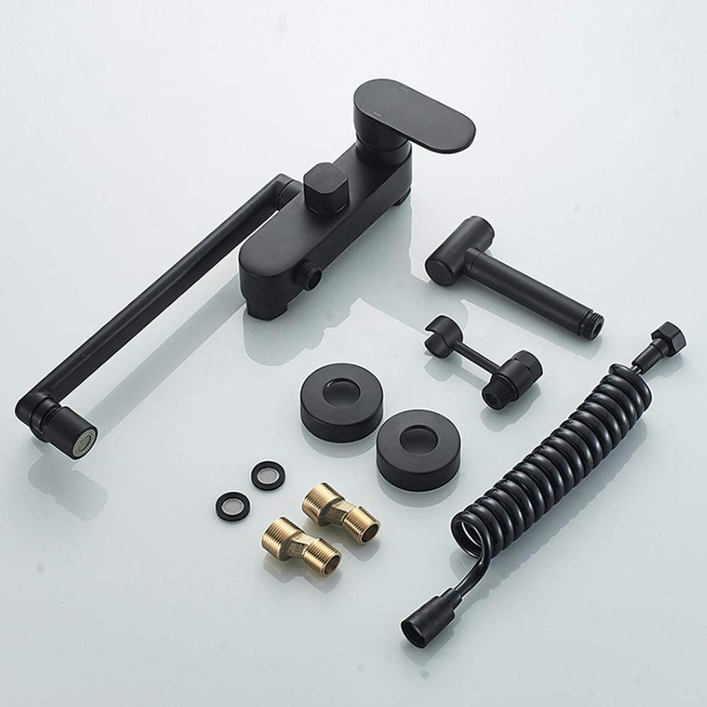 Black Wall Mounted Kitchen Faucet with Spray Gun - Double Hole Hot & Cold Water Rotating Tap - 20cm Height for Kitchen & Bathroom Sink - Perfect for Modern Homes & Small Spaces