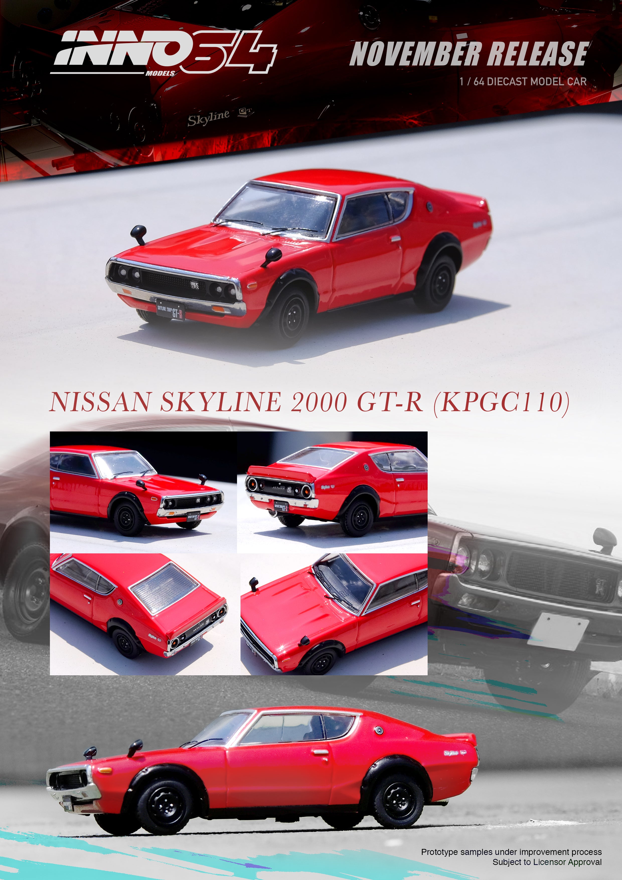 INNO64 1:64 Scale Diecast Model Car - Nissan Skyline 2000GT R (KPGC110) Red - Collectible Miniature Vehicle for Display, Gifts & Car Enthusiasts