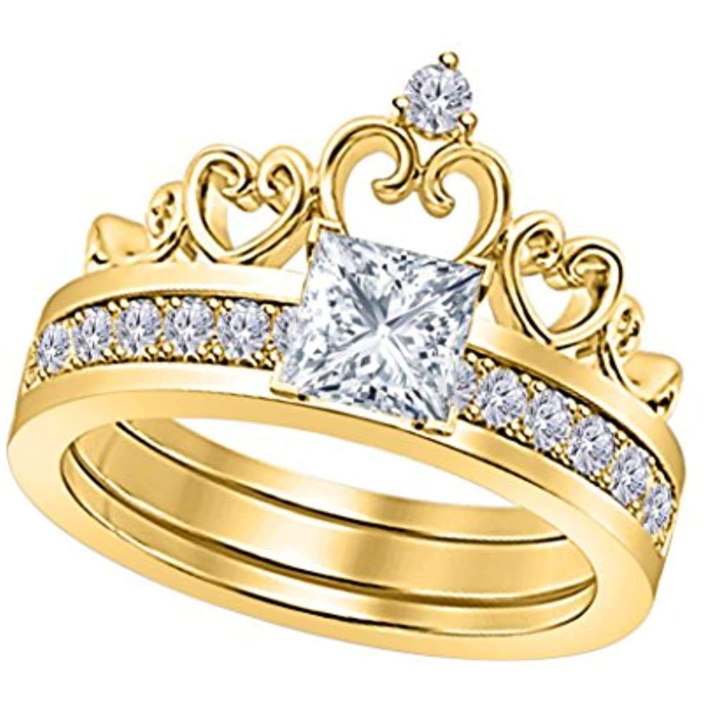 Baalaji Jewellers 925 Sterling Silver & 14K Yellow Gold Princess & Round Cut White Diamond Interchangeable Crown Ring Set for Women | Engagement, Wedding, Anniversary Jewelry Gift | Perfect for Bridal, Proposal & Special Occasions