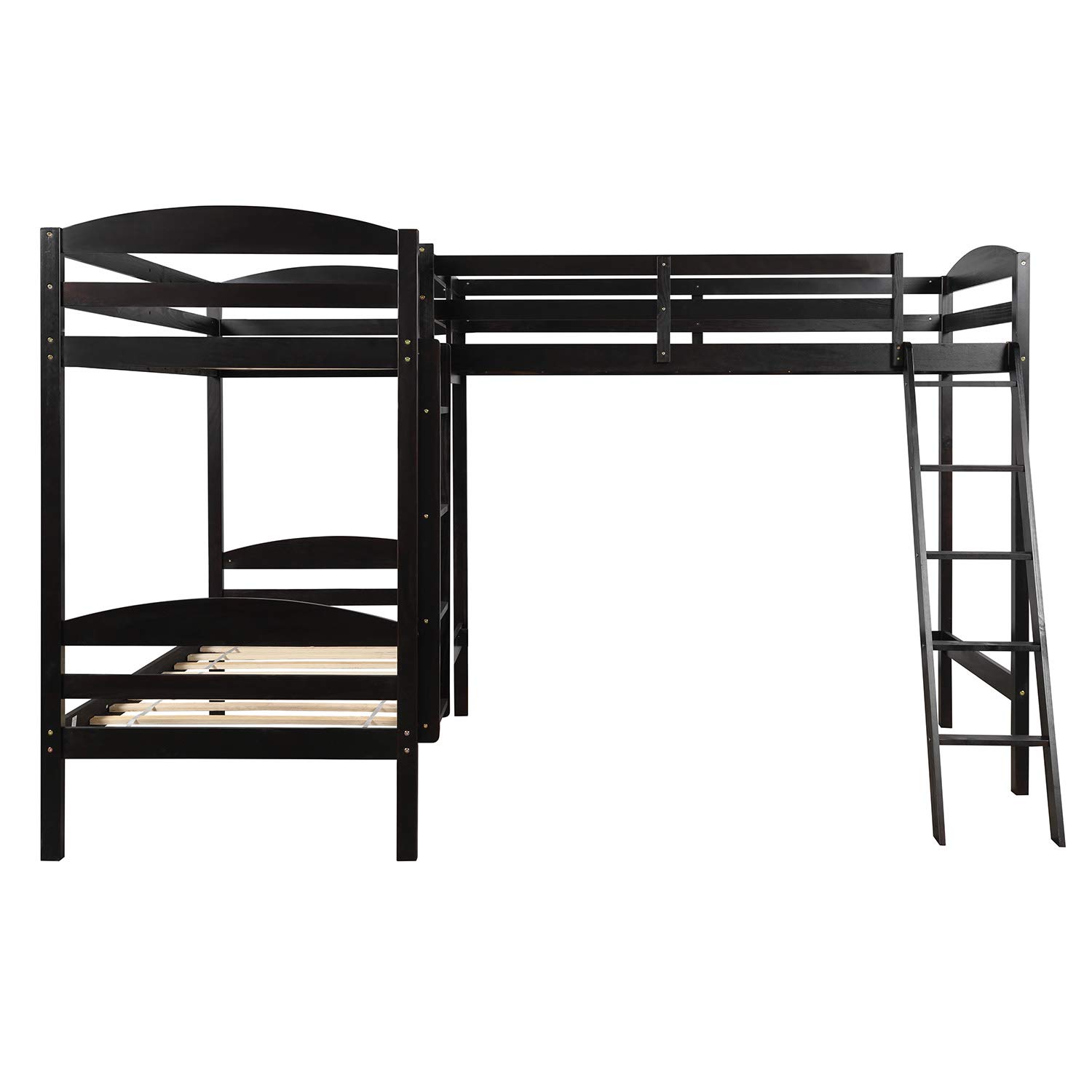 RUNNA Triple Bunk Bed - Solid Wood Twin Size 3-Tier Loft Bed with Guardrails & Ladder for Kids | L-Shaped Corner Space-Saving Design | No Box Spring Needed (Espresso Finish) | Perfect for Shared Kids' Rooms, Sleepovers & Small Spaces