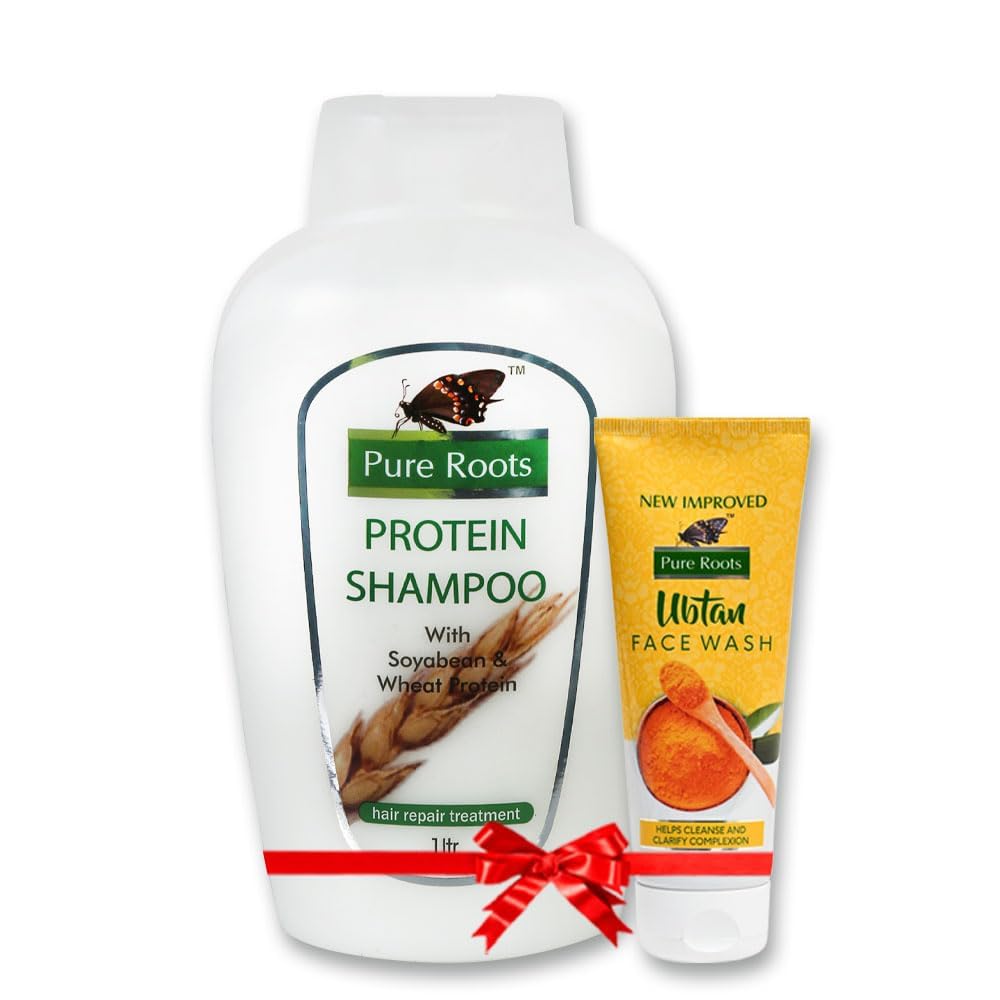 Pure Roots Protein Rich Hair Fall Control Shampoo with Ubtan Face Wash - 1000ml Shampoo + 100ml Face Wash for All Hair & Skin Types | Strengthens Hair, Reduces Breakage & Cleanses Skin | Perfect for Daily Hair Care & Facial Cleansing Routine