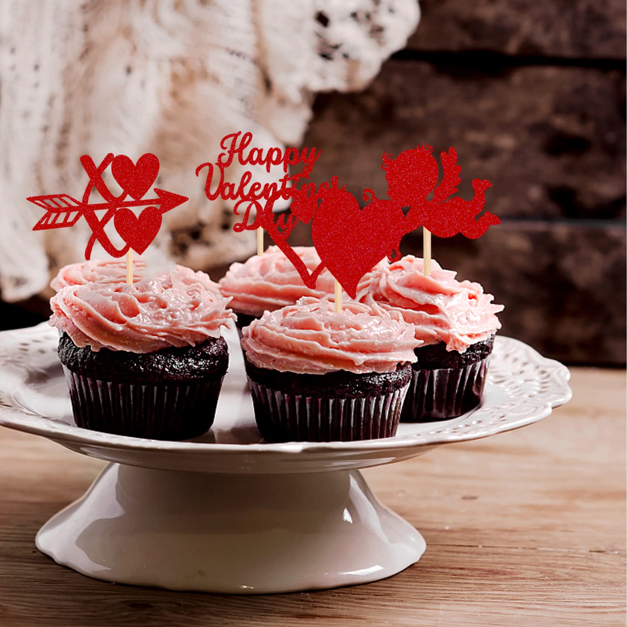 24 PCS Valentine's Day Cupcake Toppers - Glitter Heart XOXO Cupid Cake Decorations for Wedding, Bridal Shower & Birthday Parties - Romantic Red Cake Picks for Valentine's Dessert Decorating
