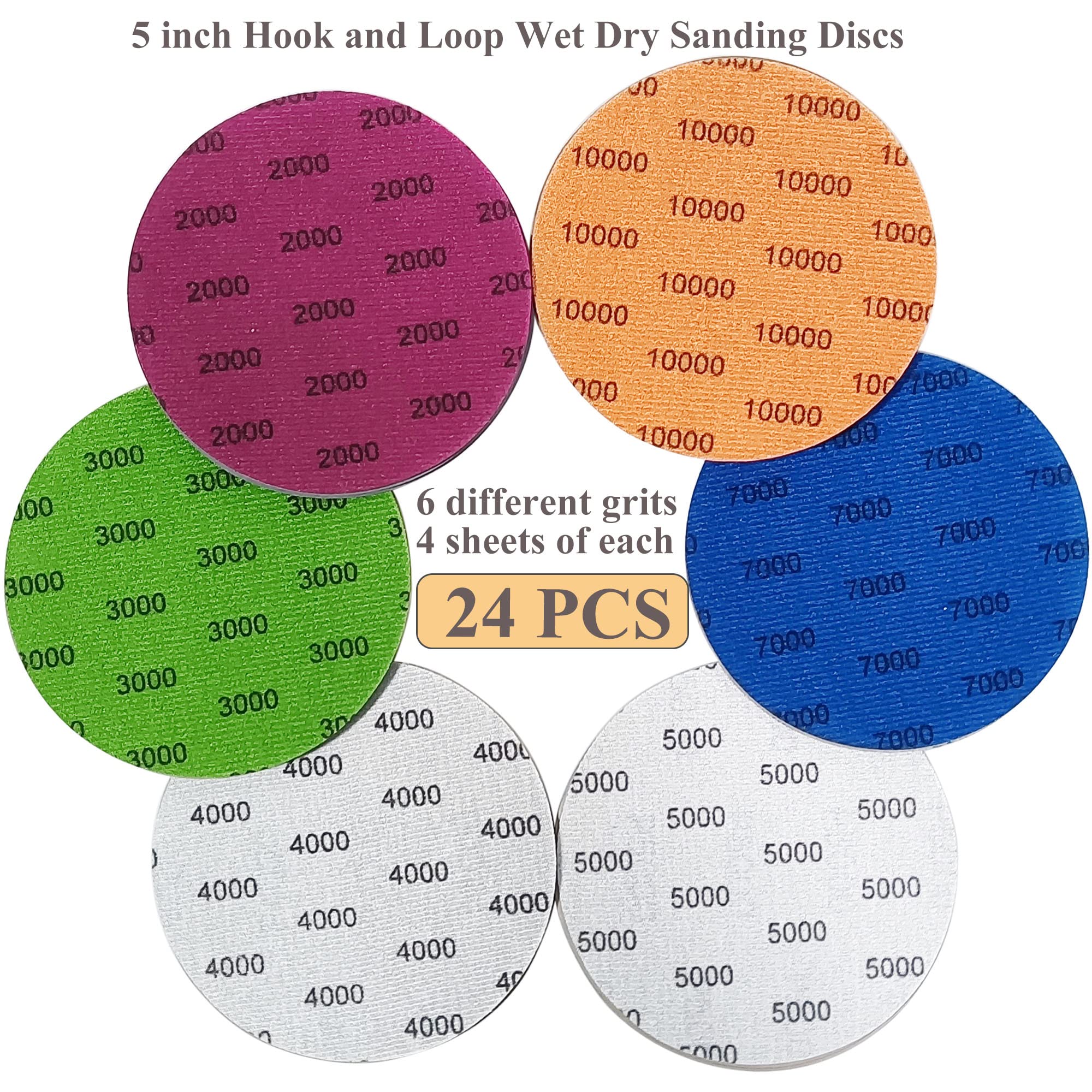 24PCS 5 Inch Wet Dry Sanding Discs #2000-#10000 Grit Hook and Loop Backing - Compatible with Random Orbital Sanders & Grinders - Perfect for Auto Detailing, Woodworking & Metal Polishing