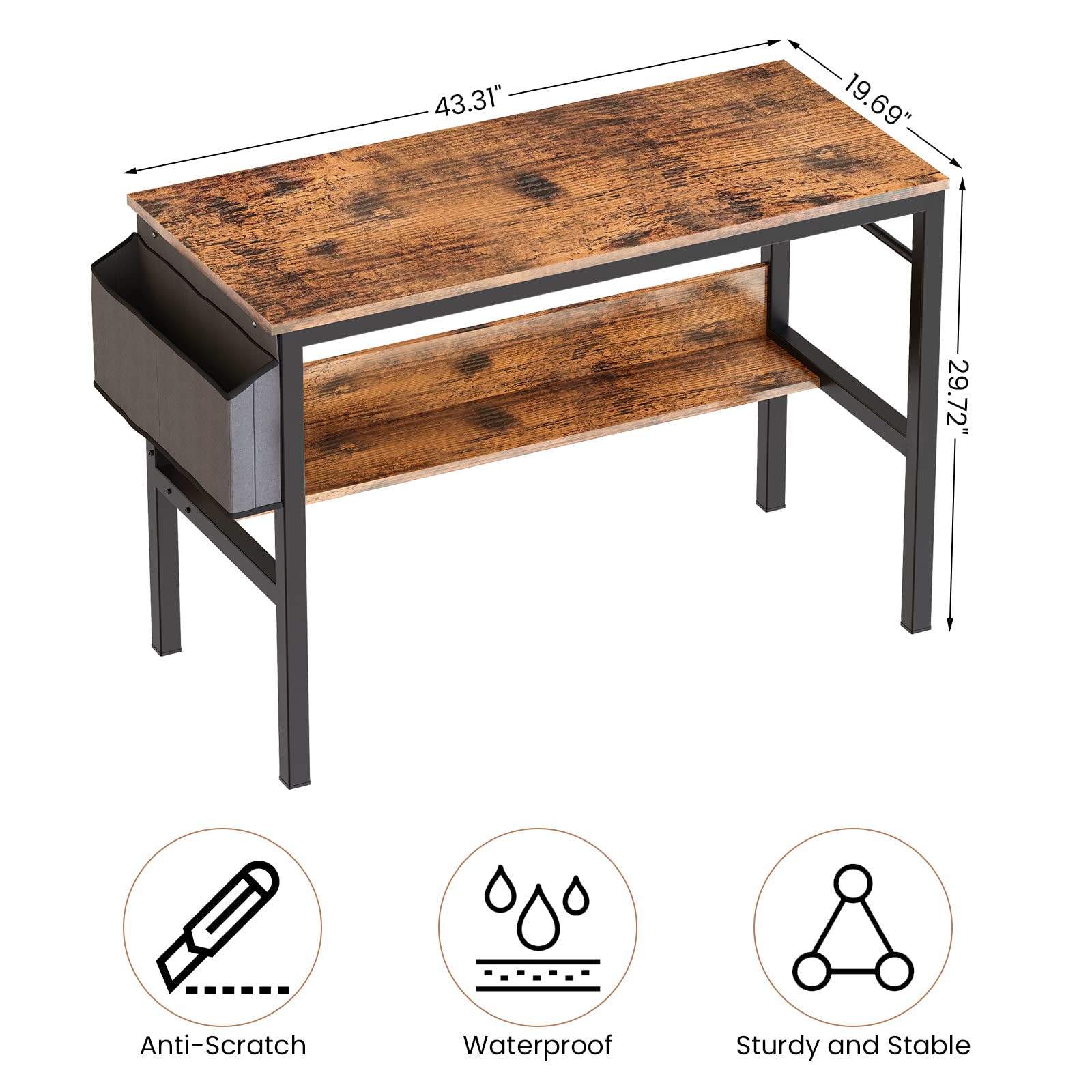 DKLGG 43 Inch Small Computer Desk - Modern Home Office Laptop Study Table for Small Spaces with Storage Bag & Headphone Hook, Rustic Brown - Perfect for Remote Work, Online Classes & Gaming Setup