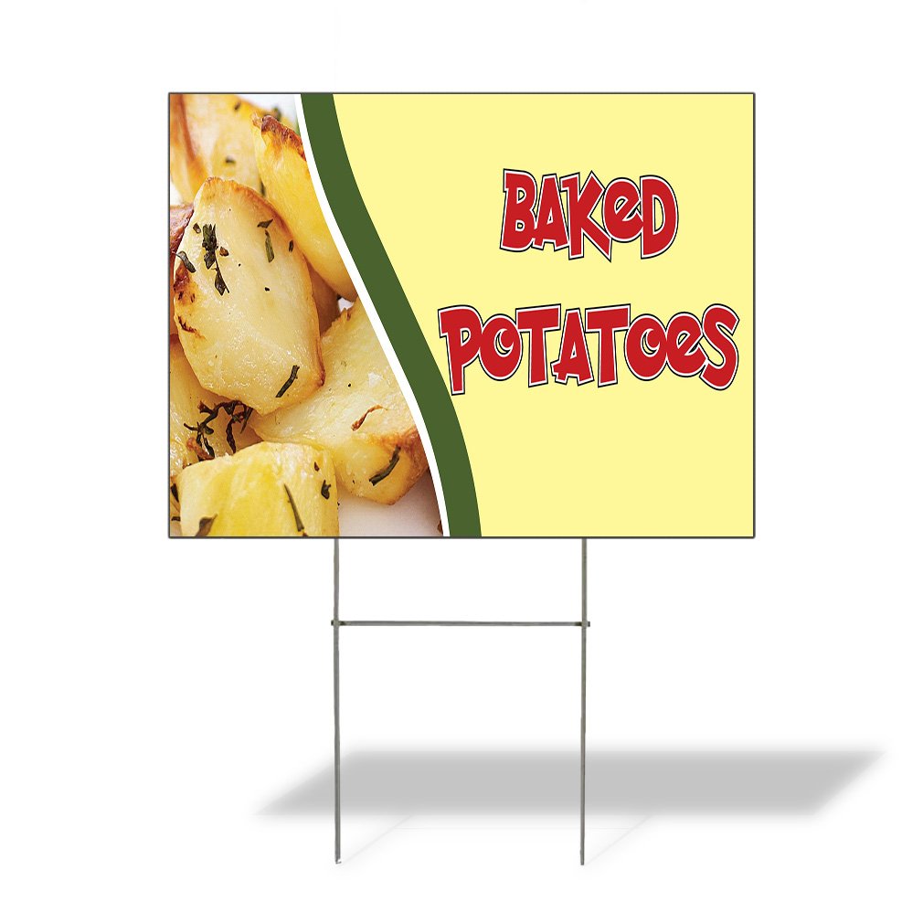 24x18 Inch Weatherproof Yard Sign for Baked Potatoes Advertising - Durable Brown Lawn & Garden Vegetable Sign - Single Side Print - Perfect for Farmers Markets, Grocery Stores & Outdoor Events