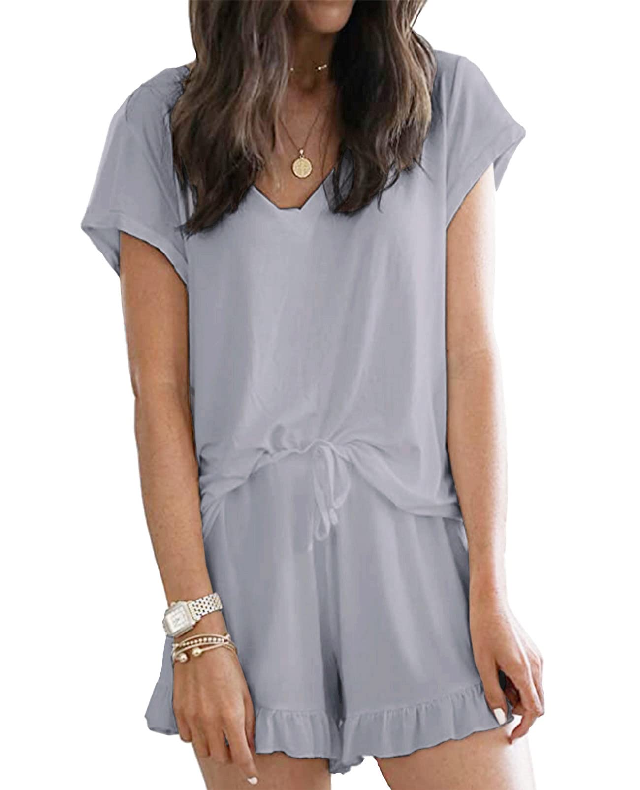LuckyMore Women's Soft Short Sleeve V-Neck Pajama Set - Breathable Lounge Sleepwear with Casual Shorts for Summer Nights & Relaxing at Home
