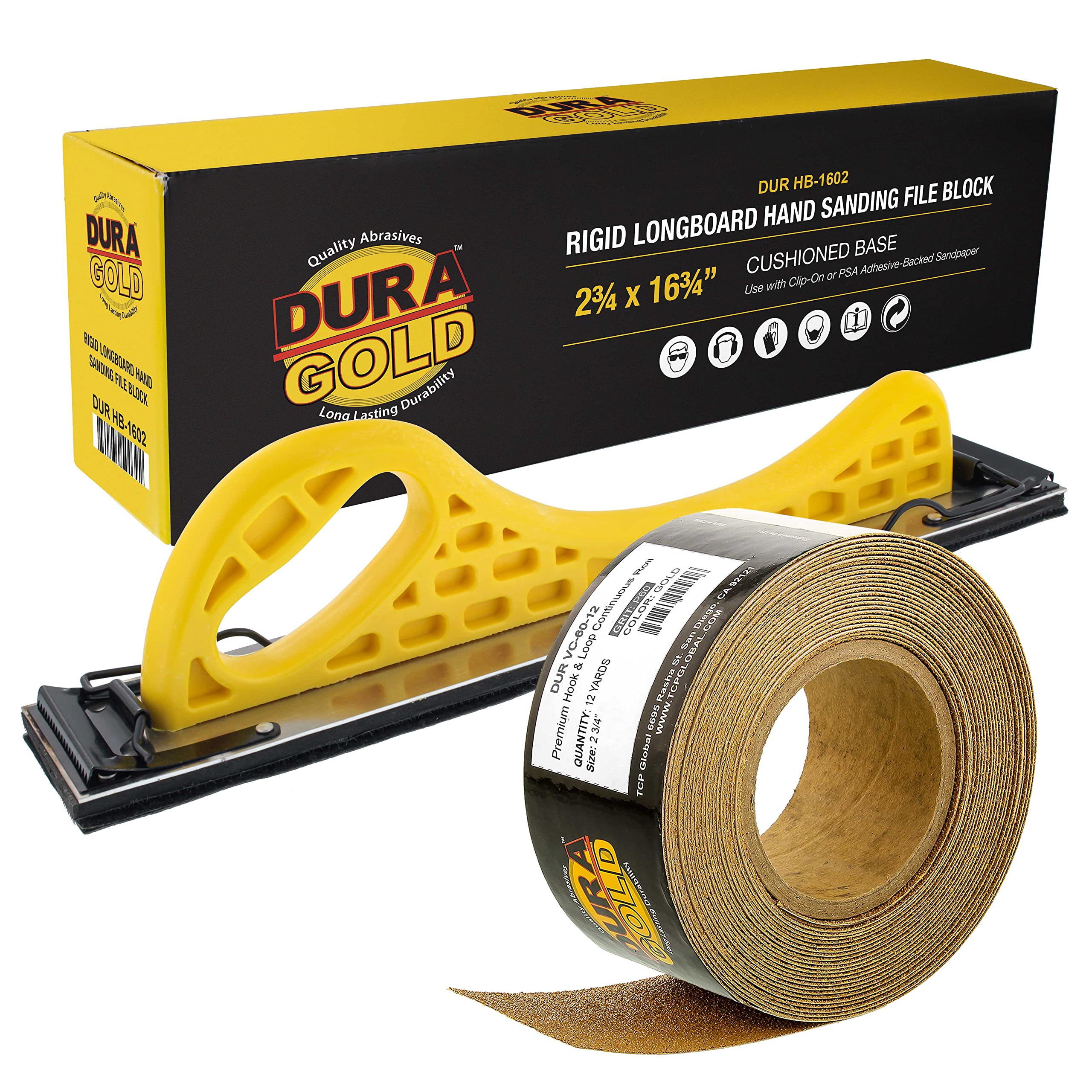 Dura-Gold Pro Series Longboard Hand Sanding File Sander Block - Hook & Loop Backing with PSA Adapter Pad & 60 Grit Sandpaper Roll (12 Yards, 2-3/4