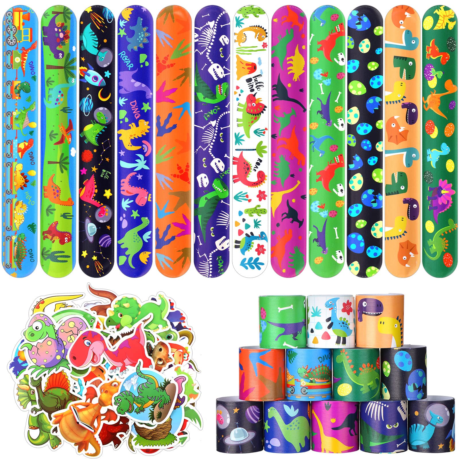40 Pcs Dinosaur Slap Bracelets for Kids - Fun Dinosaur Party Favors with 50 Stickers - Perfect for Birthday Gifts, Classroom Prizes & Dinosaur Themed Decorations | Great for Birthday Parties, School Events & Kids' Playtime