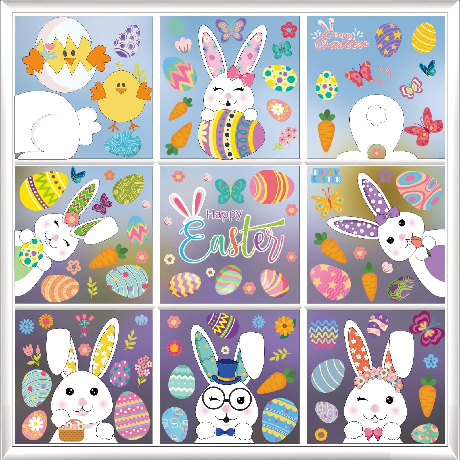 Easter Window Clings Decorations - 9 Sheets Bunny & Eggs Stickers for Home, Office, Classroom - Easter Door & Window Decals - Spring Holiday Party Decor (FHJ24003) - Perfect for Easter Egg Hunts, Classroom Activities & Home Decorating
