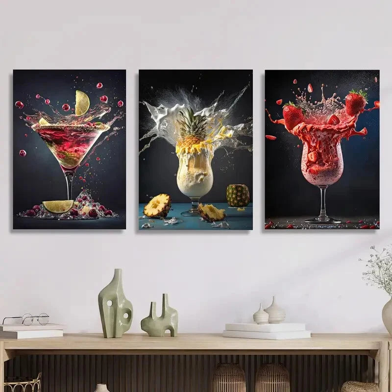 3-Piece Abstract Lemon Pineapple Strawberry Splash Metal Wall Art - Ready to Hang Modern Kitchen Decor for Home, Office & Cafe