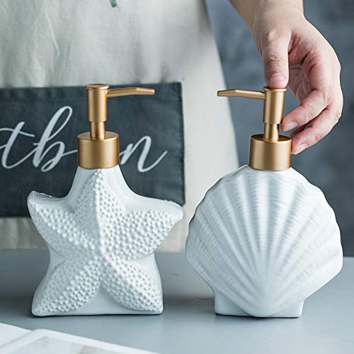 Ceramic Starfish Shell Soap Dispenser with Pump - Decorative Bathroom Soap Bottle & Lotion Dispenser for Coastal Beach Theme Home Decor
