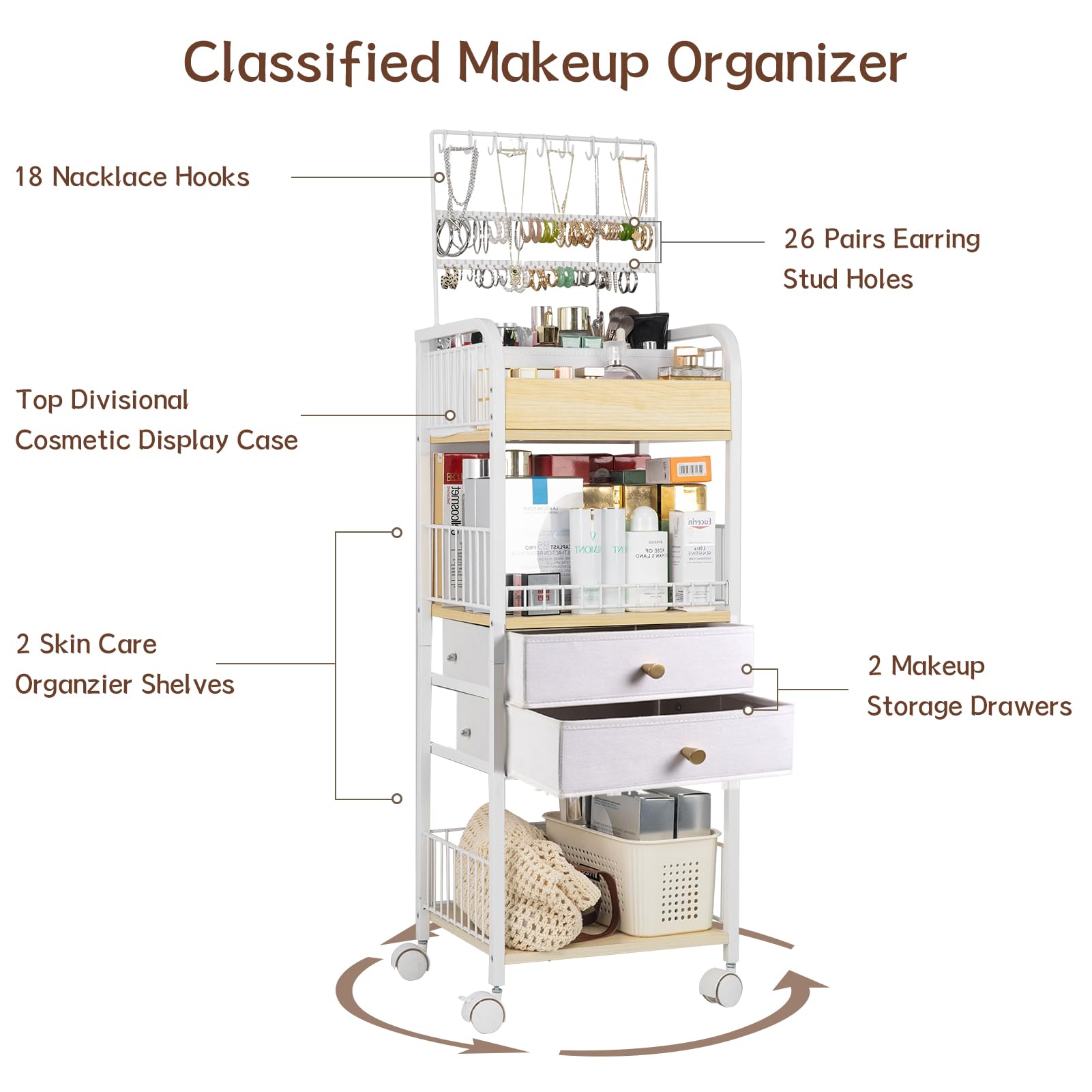 YGJT 3-Tier Makeup Organizer with Drawers - Skincare & Cosmetics Storage for Perfume, Makeup Brushes, Nail Polish - Jewelry Organizer for Earrings & Necklaces - Perfect for Vanity Table, Bathroom & Bedroom Organization
