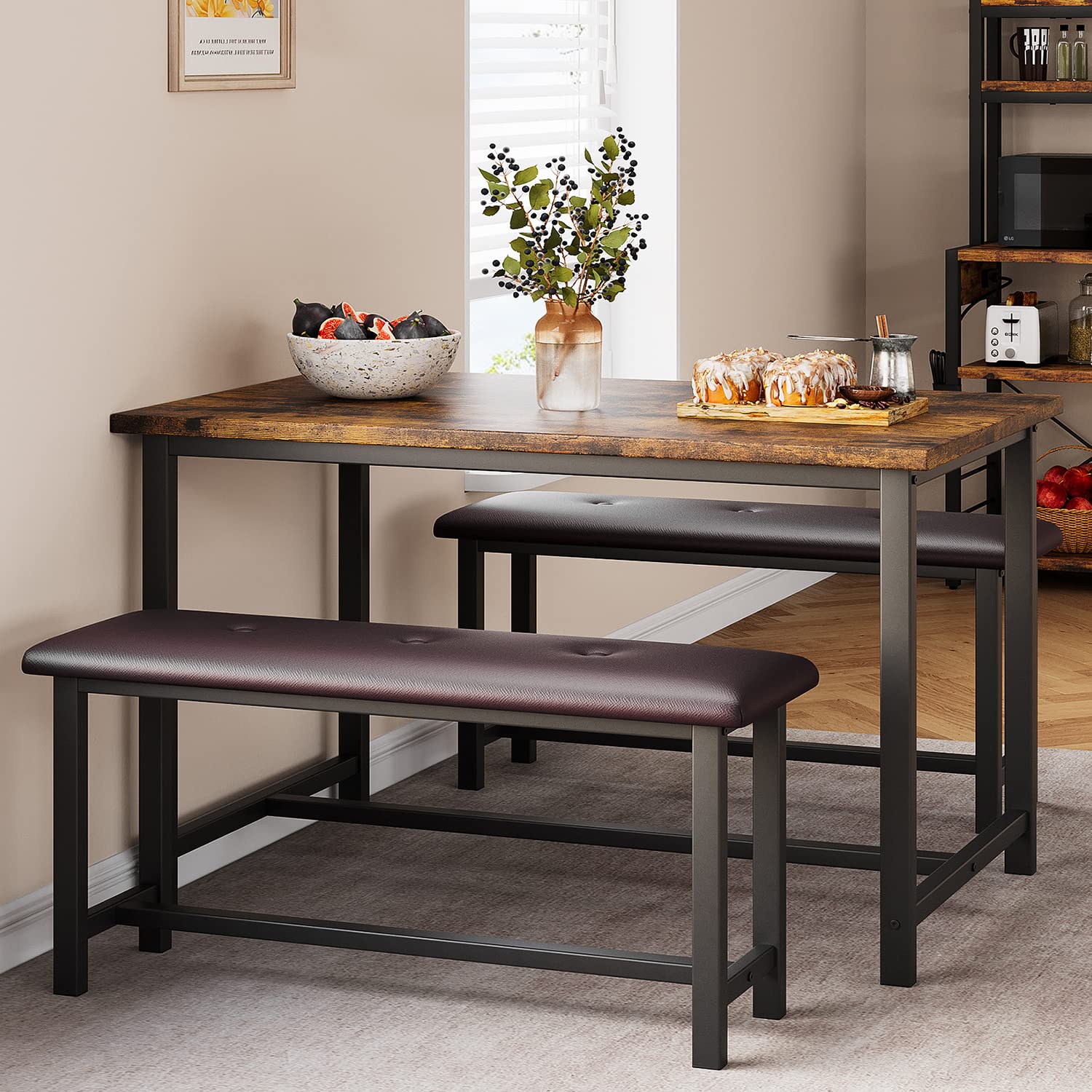 IDEALHOUSE 3-Piece Dining Table Set with 2 Upholstered Benches - Rectangular Kitchen Table for 4 People - Space-Saving Dining Room Furniture for Apartments, Studios & Small Spaces in Retro Brown - Perfect for Breakfast Nooks, Kitchen Dining Areas & Compact Living Rooms