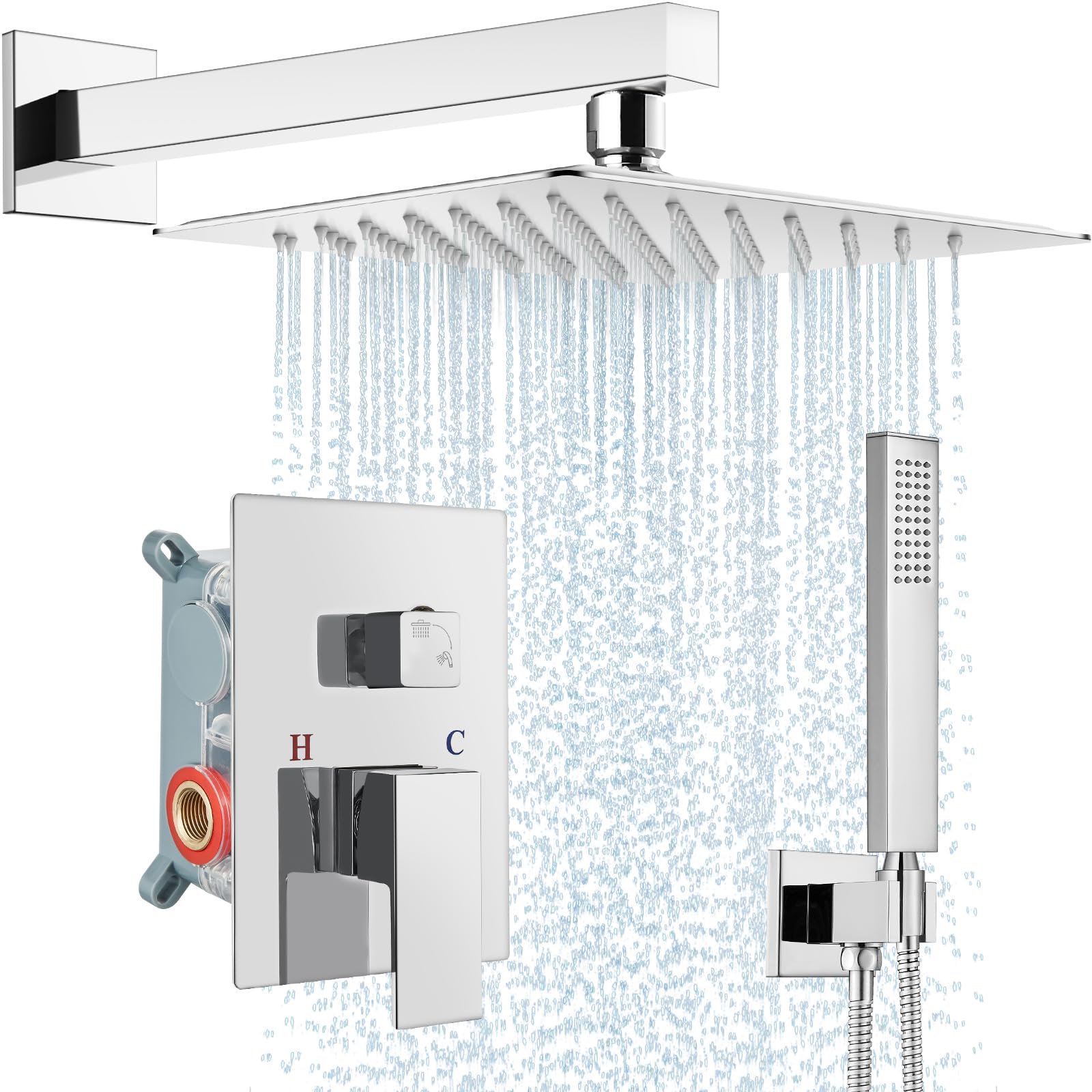 Midanya 12 Inch Square Rainfall Shower System - Wall Mount Shower Faucet Set with Hand Sprayer, Rough-in Valve Trim Kit & Bathroom Mixer - Polish Chrome Finish for Luxurious Spa-Like Shower Experience