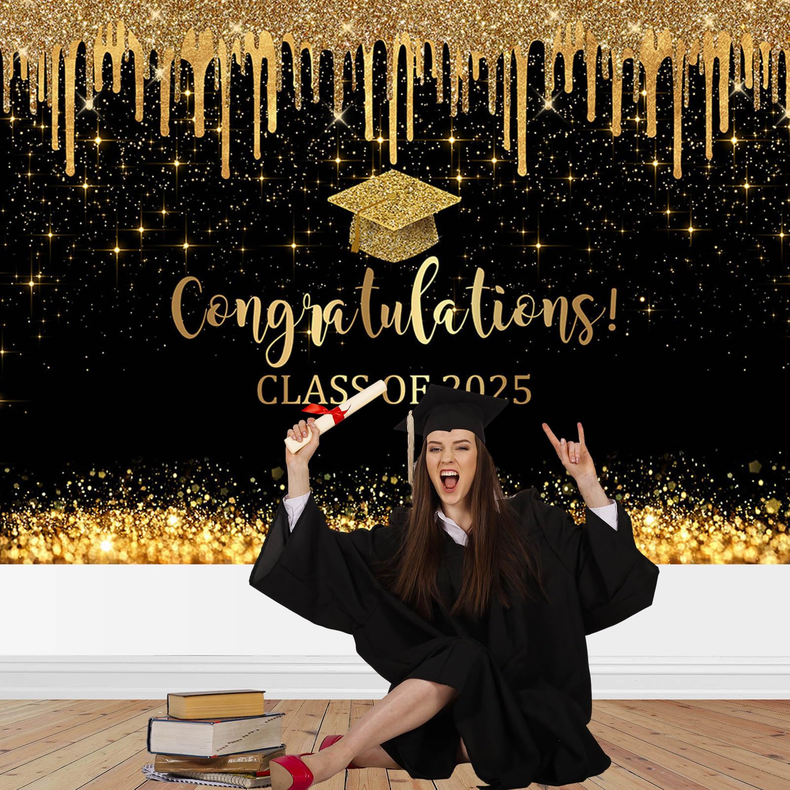 2025 Black & Gold Graduation Backdrop 7x5ft - Class of 2025 Congrats Grad Banner & Photo Background - Perfect for Graduation Parties, School Events & Photo Booths