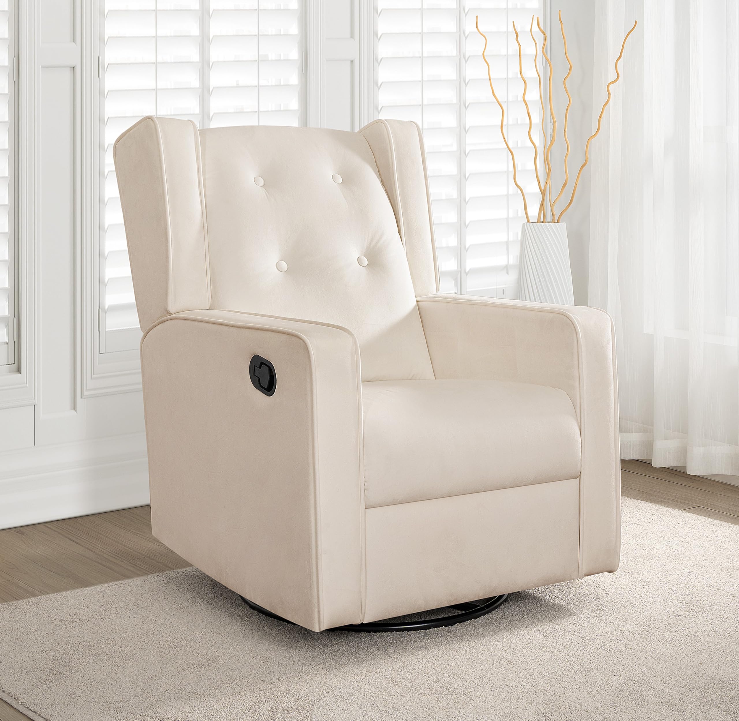 Naomi Home 360° Swivel Glider Recliner Chair - Soft Upholstered Nursery Rocker for Breastfeeding, Nursing & Bonding | Ergonomic Maternity Chair with Reclining Function & Plush Cushions to Relieve Muscle Pain | Perfect for Nursery Rooms, Baby Showers & New Parents (Cream)