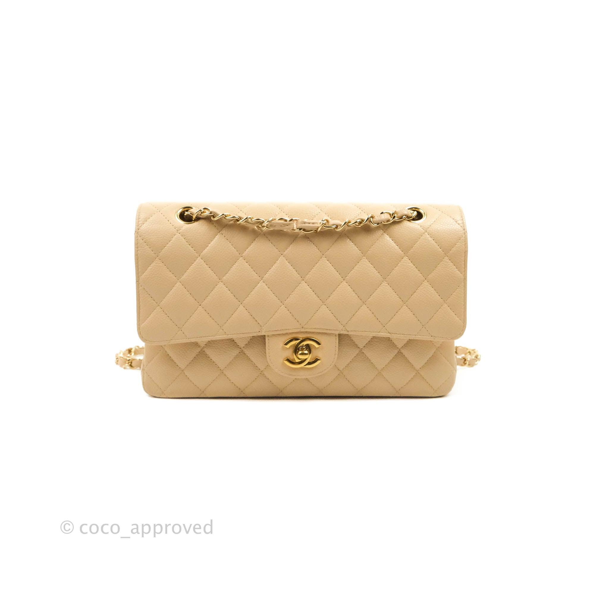 Chanel Classic M/L Medium Flap Bag - Quilted Beige Caviar Leather with Gold Hardware | Luxury Shoulder Bag for Women, Perfect for Work, Parties & Special Occasions