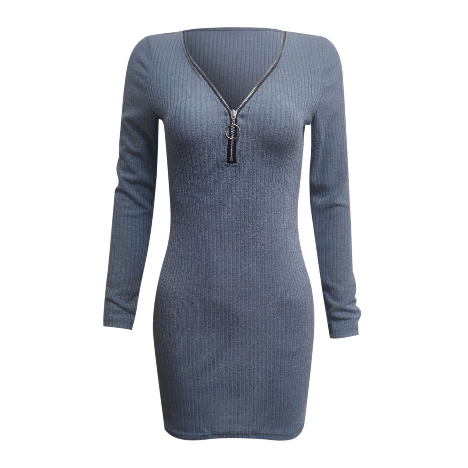 Women's Casual Knit Sweater Dress - Long Sleeve V-Neck Zipper Mini Dress in Solid Red | Perfect for Winter Outfits, Office Wear, Date Nights and Holiday Parties