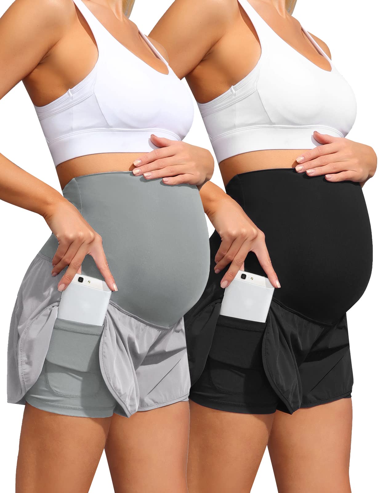 Maacie Women's Maternity Yoga Shorts - Breathable Quick Dry Layered Workout Shorts with Inner Liner & Pockets - Perfect for Pregnancy Exercise, Gym & Lounge Wear