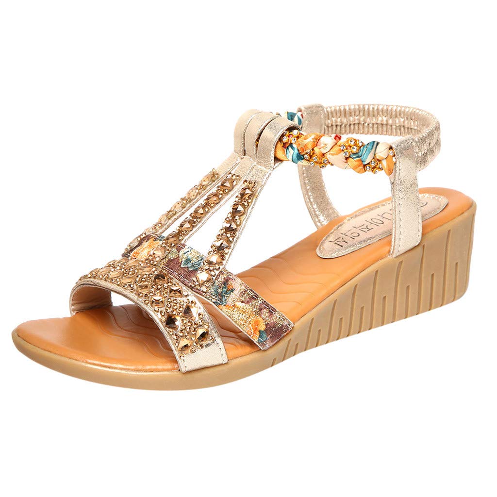 Trendy Women's Boho Rhinestone Espadrille Wedge Sandals - Stylish Summer Beach Wedges for Casual Outings and Outdoor Adventures