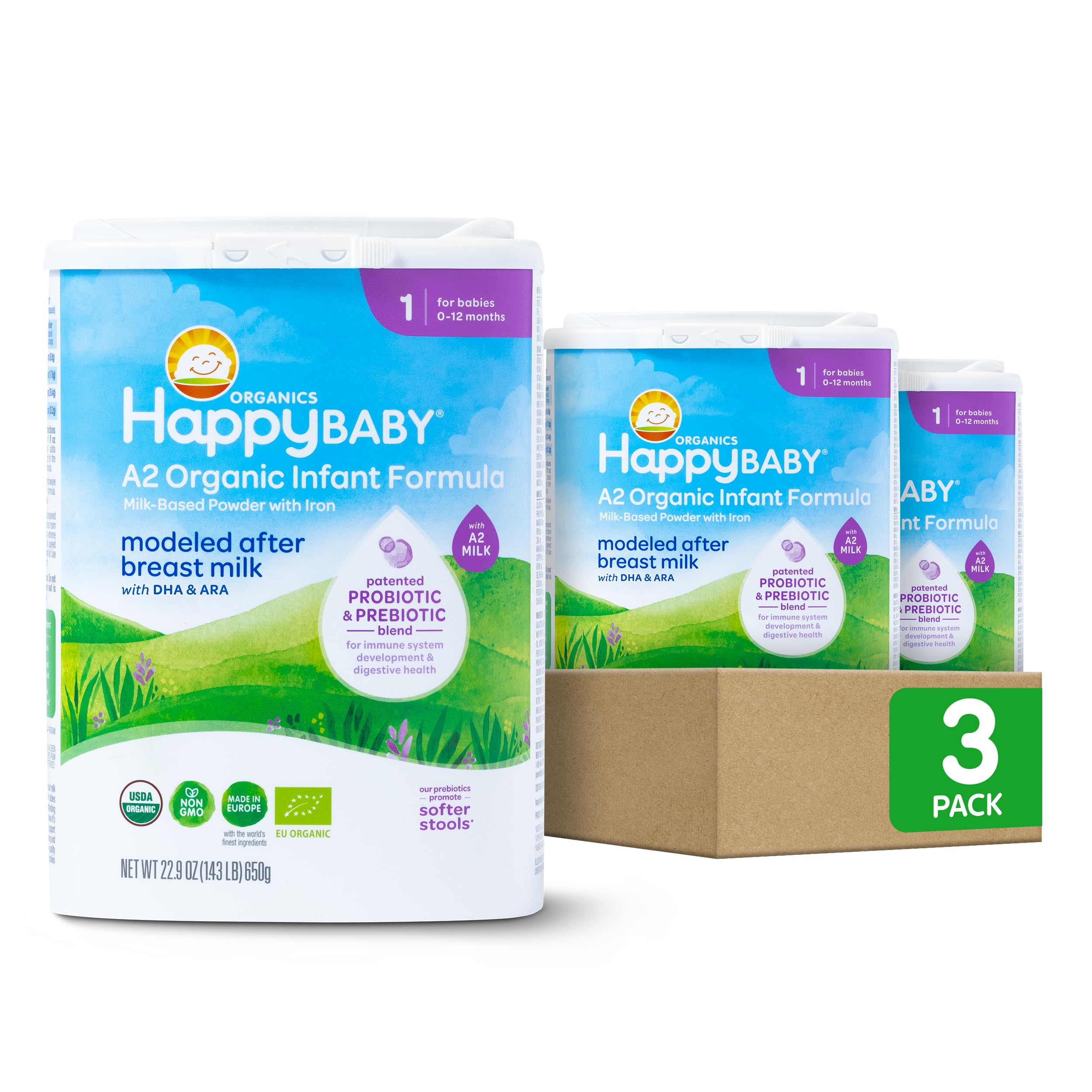 Happy Baby Organics Stage 1 A2 Infant Formula Powder - Organic Milk Based Baby Formula for 0-12 Months with Probiotics & Prebiotics for Immune & Digestive Support - 22.9 Ounce (Pack of 3) - Perfect for Newborns, Travel & Daycare Feeding