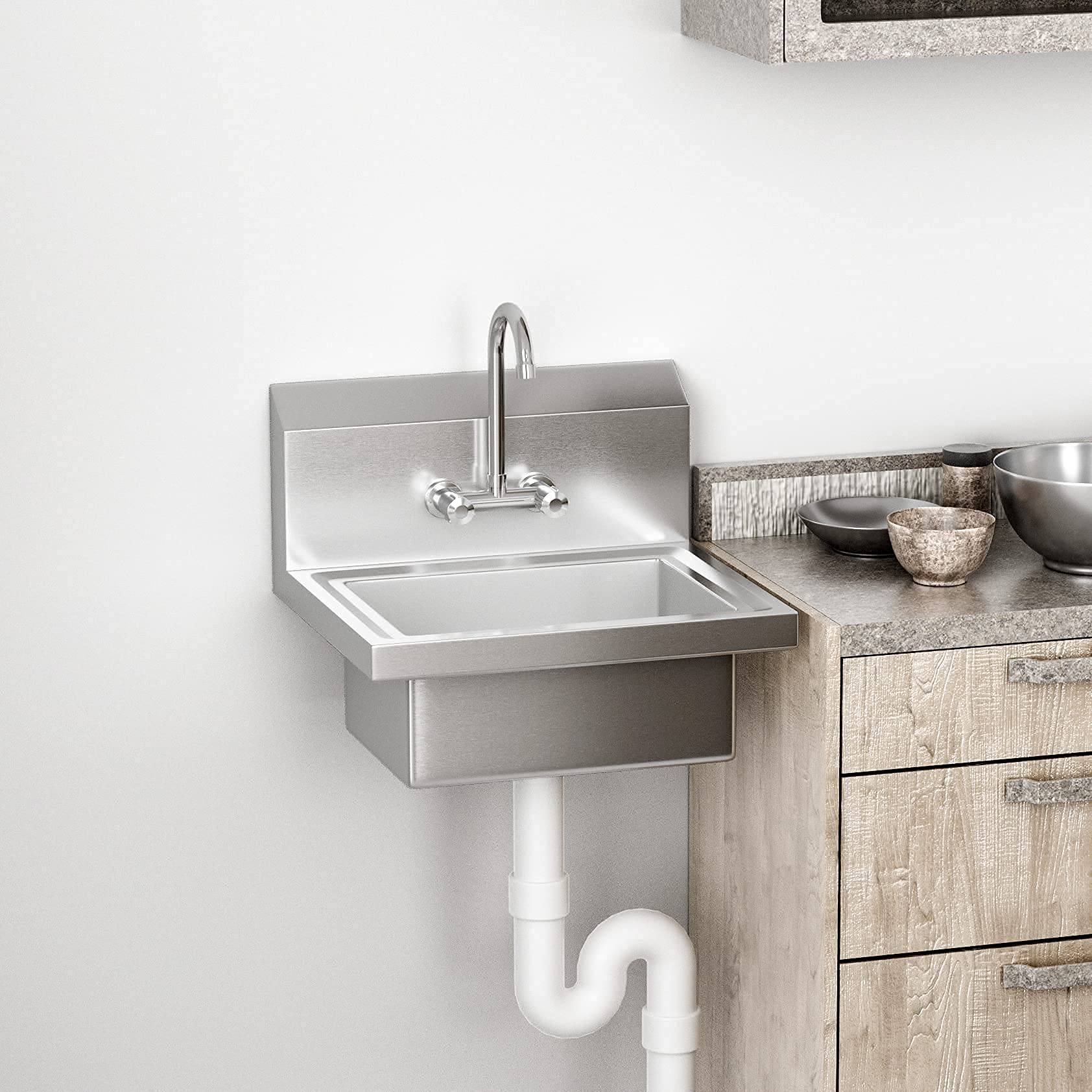**Bonnlo Commercial Stainless Steel Hand Washing Sink with Hot & Cold Faucet - Wall Mount Utility Sink with Drainer for Restaurants, Home Kitchens & Workshops - Heavy Duty Hand Wash Basin for High-Traffic Use**