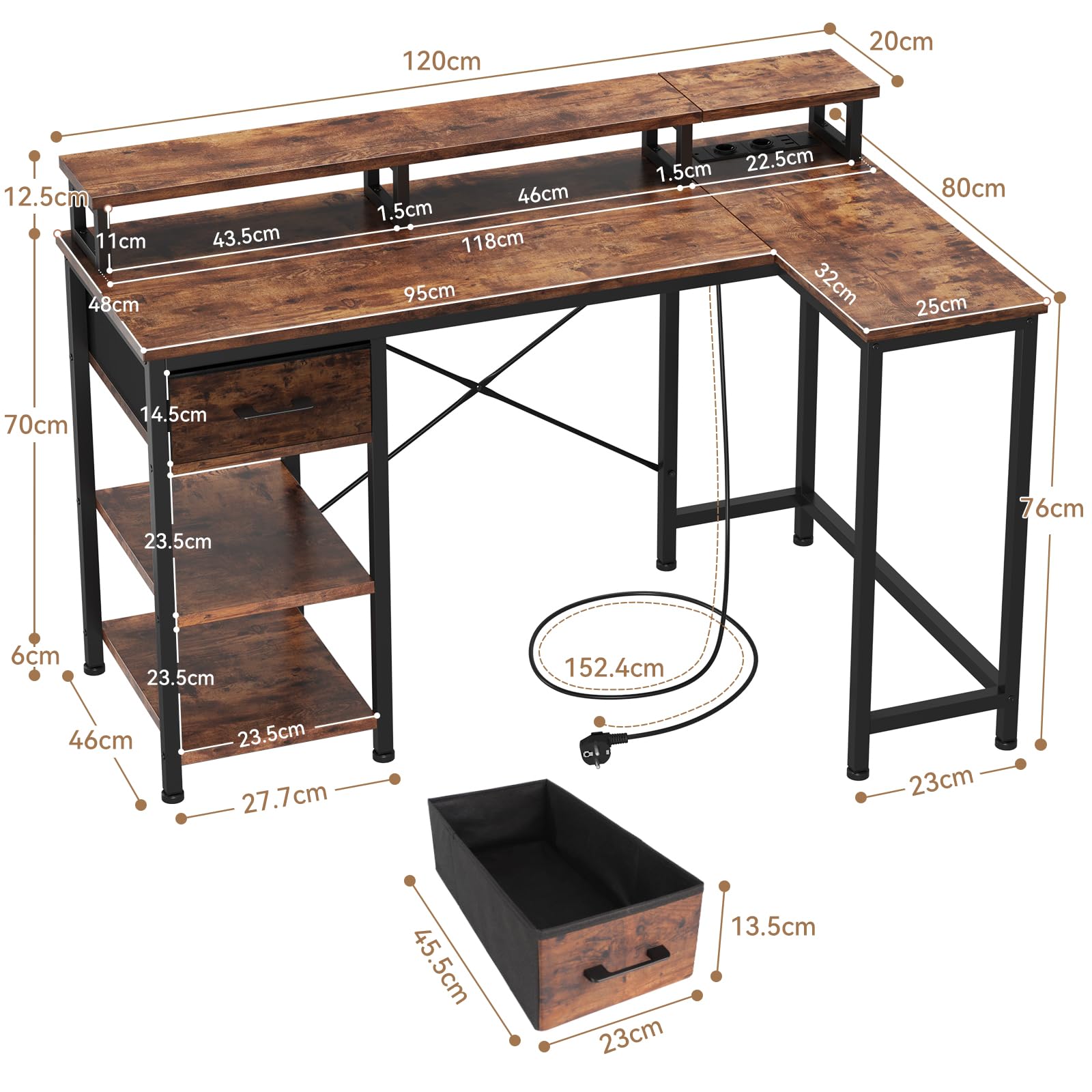 Dripex L-Shaped Corner Computer Desk with USB Charging Port, Monitor Stand & Power Outlet - Perfect for Home Office, Gaming & Study Setup