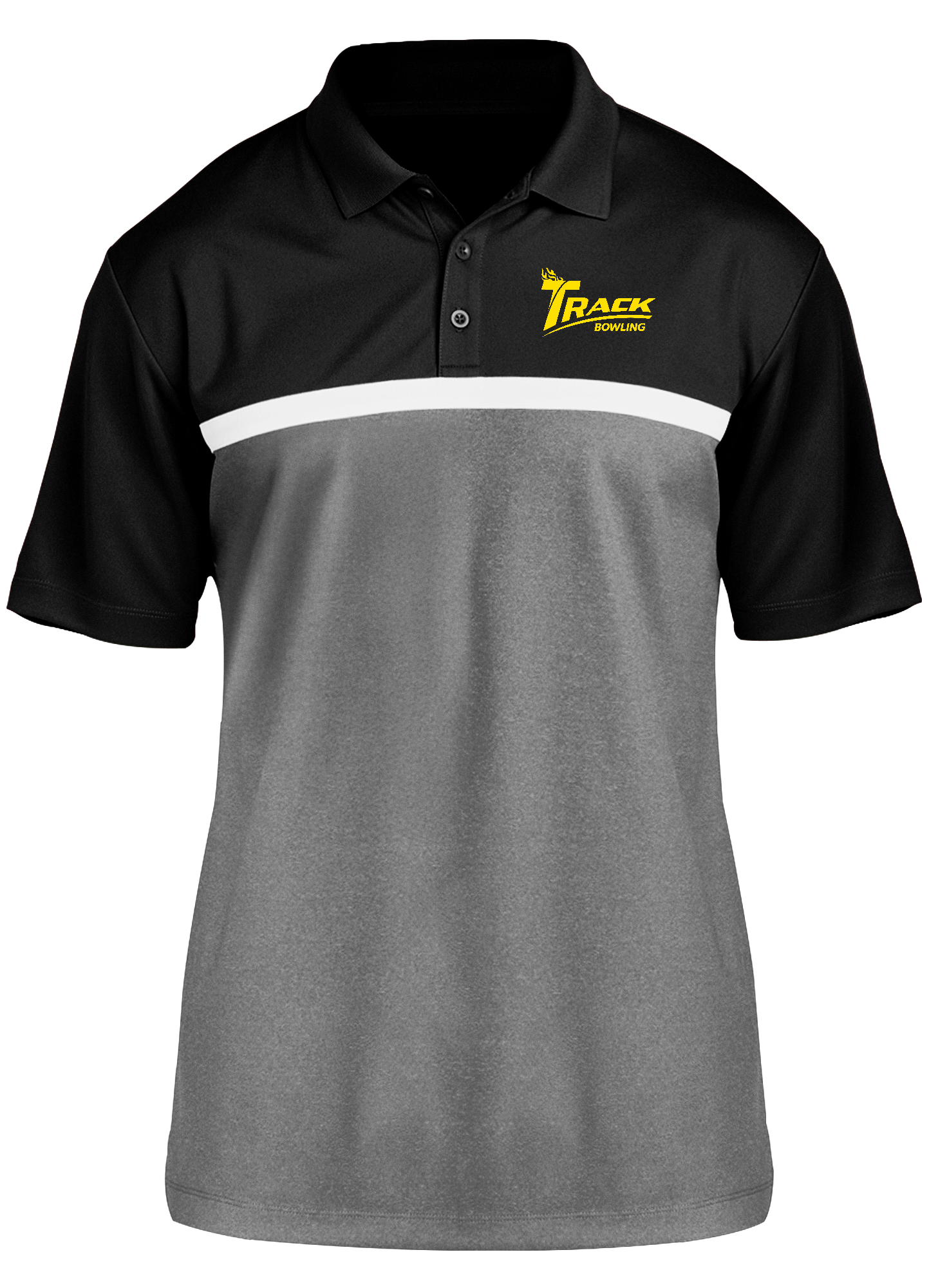 Track Bowling Competitor Polo Shirt - Black, White & Gray Colors - Perfect for Bowling Tournaments & Casual Wear