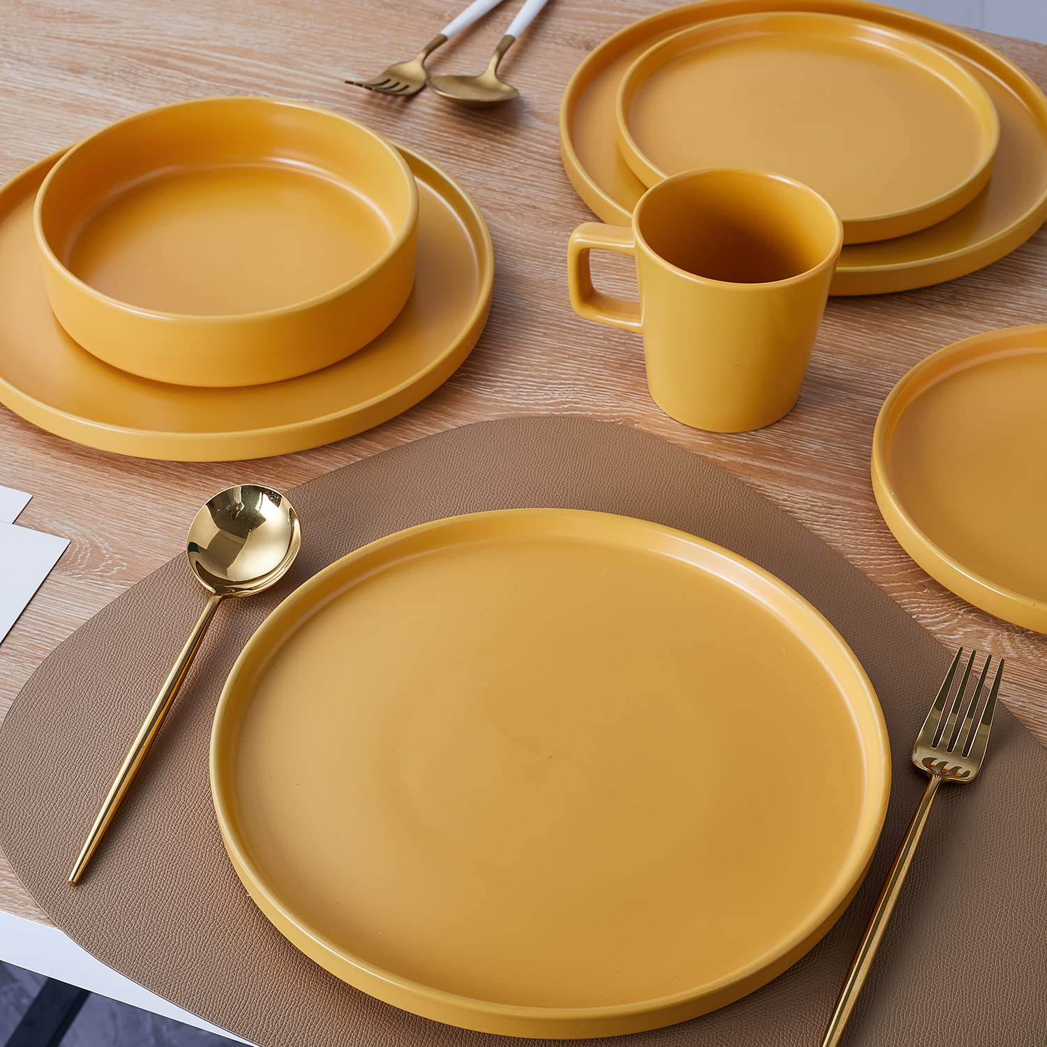 Stone Lain Cleo Modern Stoneware 32-Piece Dinnerware Set - Plates, Bowls & Pasta Dishes for 8 People, Yellow | Elegant Table Setting for Family Dinners, Parties & Entertaining Guests