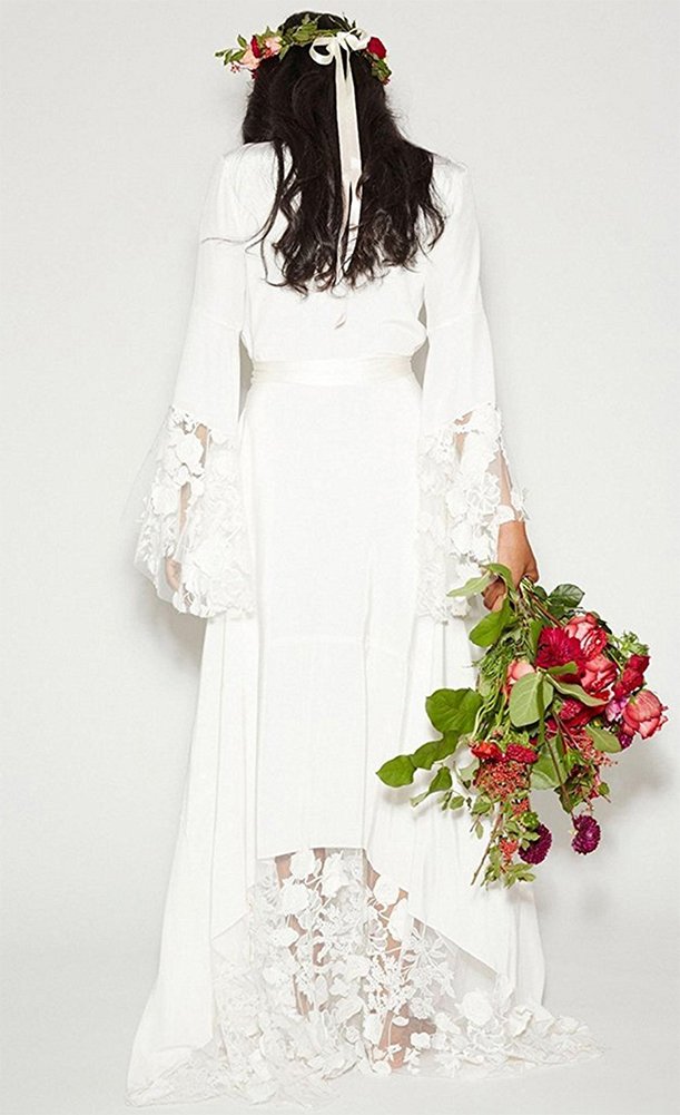 Honeydress Women's Bohemian Bell Sleeve Floral Applique Tied Belt Long Wedding Dress - Elegant Bridal Gown for Beach, Garden & Outdoor Ceremonies