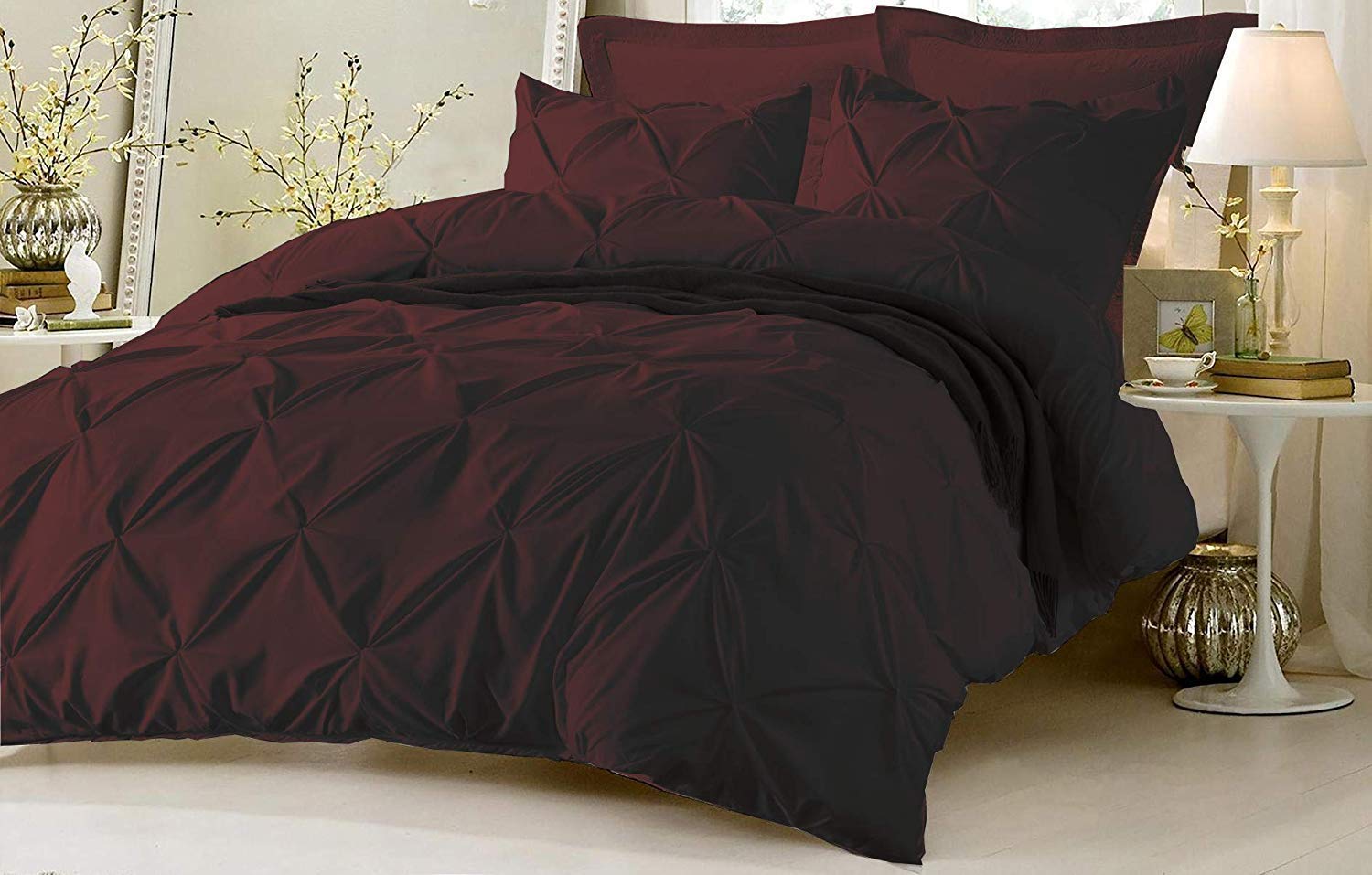 Premium 500 TC King Size Pinch Duvet Cover Set with Plush Microfiber Fill - Wine Red Cal-King Comforter & Decorative 2-Piece Bedding Set | Ultra Soft & Breathable for All Seasons | Perfect for Master Bedroom, Guest Room & Luxury Hotels