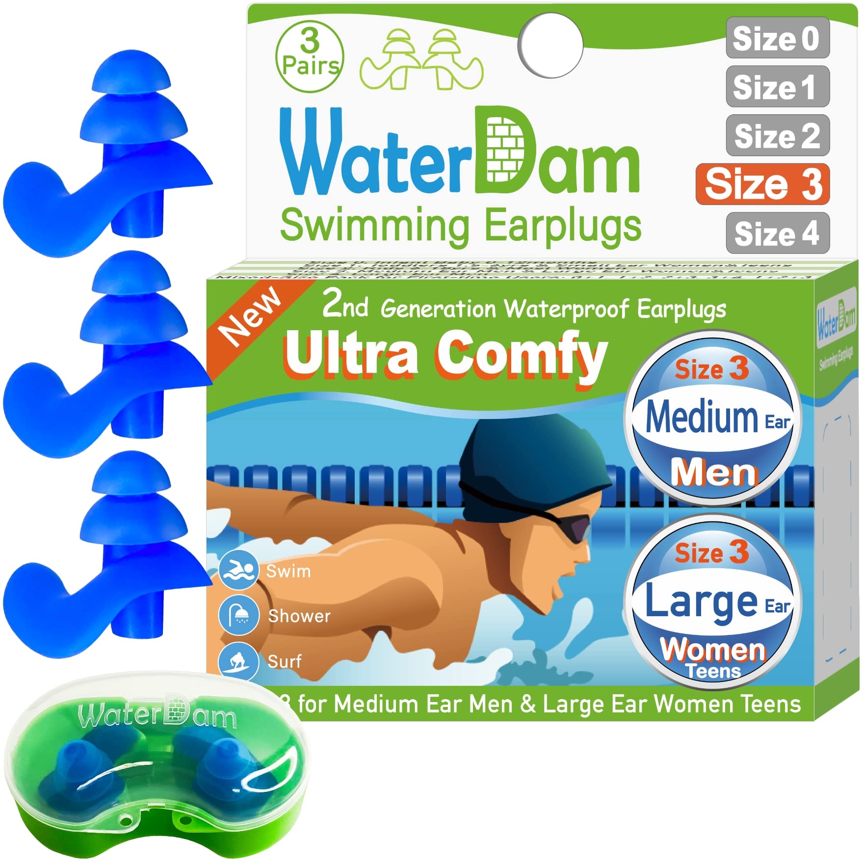 Waterproof Swimming Ear Plugs for Adults & Kids - Ultra Comfortable Silicone Earplugs to Prevent Swimmer's Ear - Perfect for Pool, Beach, Surfing & Water Sports