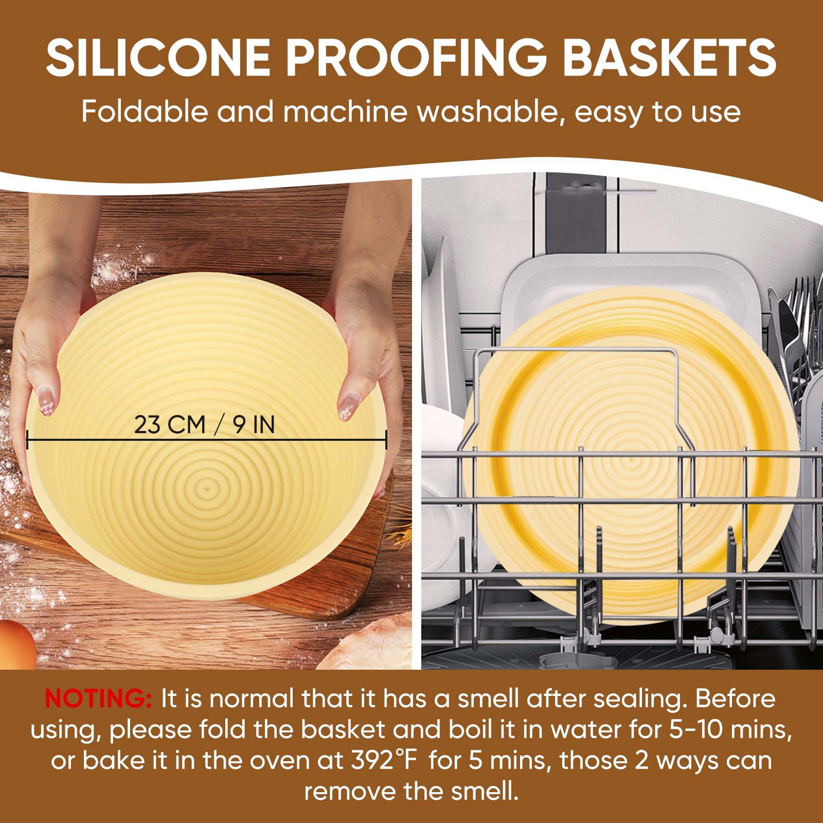 Silicone Banneton Proofing Basket Set - 9'' Dough Rising Bowl with 5-Piece Sourdough Scoring Tools Kit for Artisan Bread Baking | Perfect for Sourdough, Banneton, Danish Dough & Lame Bread | Home Bakery Essentials (Beige)