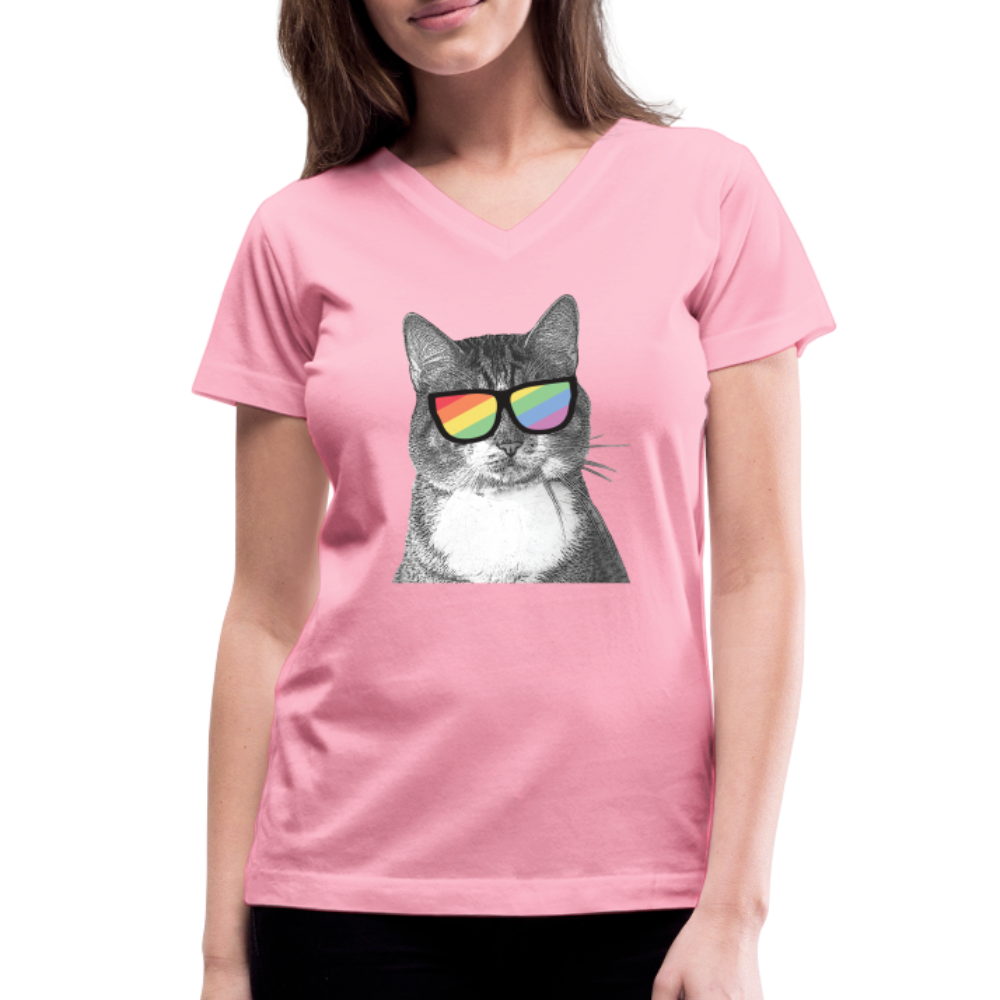Pride Cat Contoured V-Neck T-Shirt for Women - LGBTQ+ Support Graphic Tee for Casual Wear & Pride Events