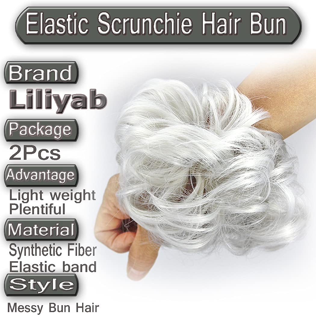 2Pcs Messy Bun Hair Piece - Curly Bun Hair Extension, Fake Hair Scrunchie for Messy Updo (Light Gray) - Perfect for Weddings, Parties & Everyday Styling