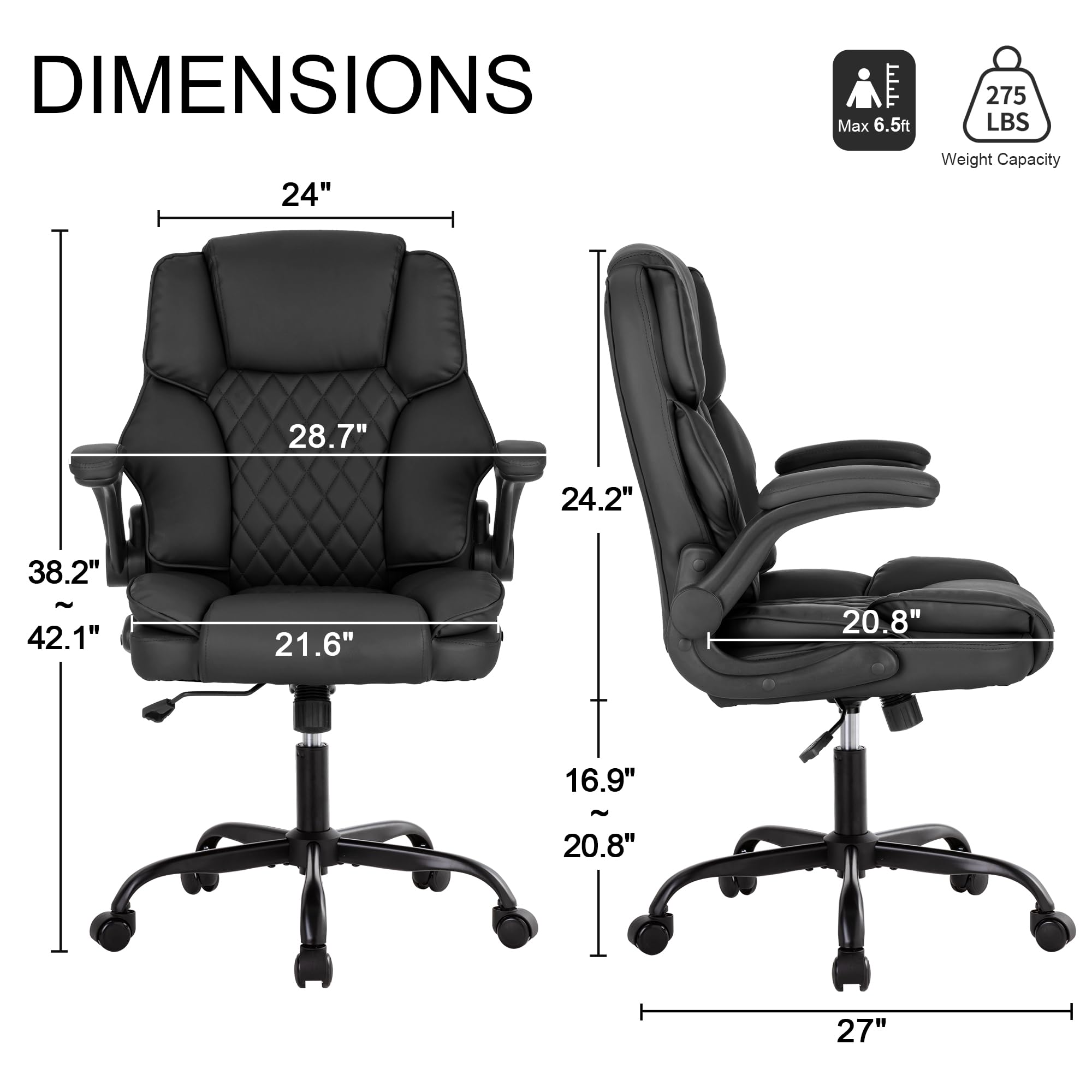 Premium Ergonomic Office Chair - Adjustable Mid Back Executive Leather Chair with Flip-Up Arms & Rocking Function for Home Office, Conference Room & Gaming (Black)