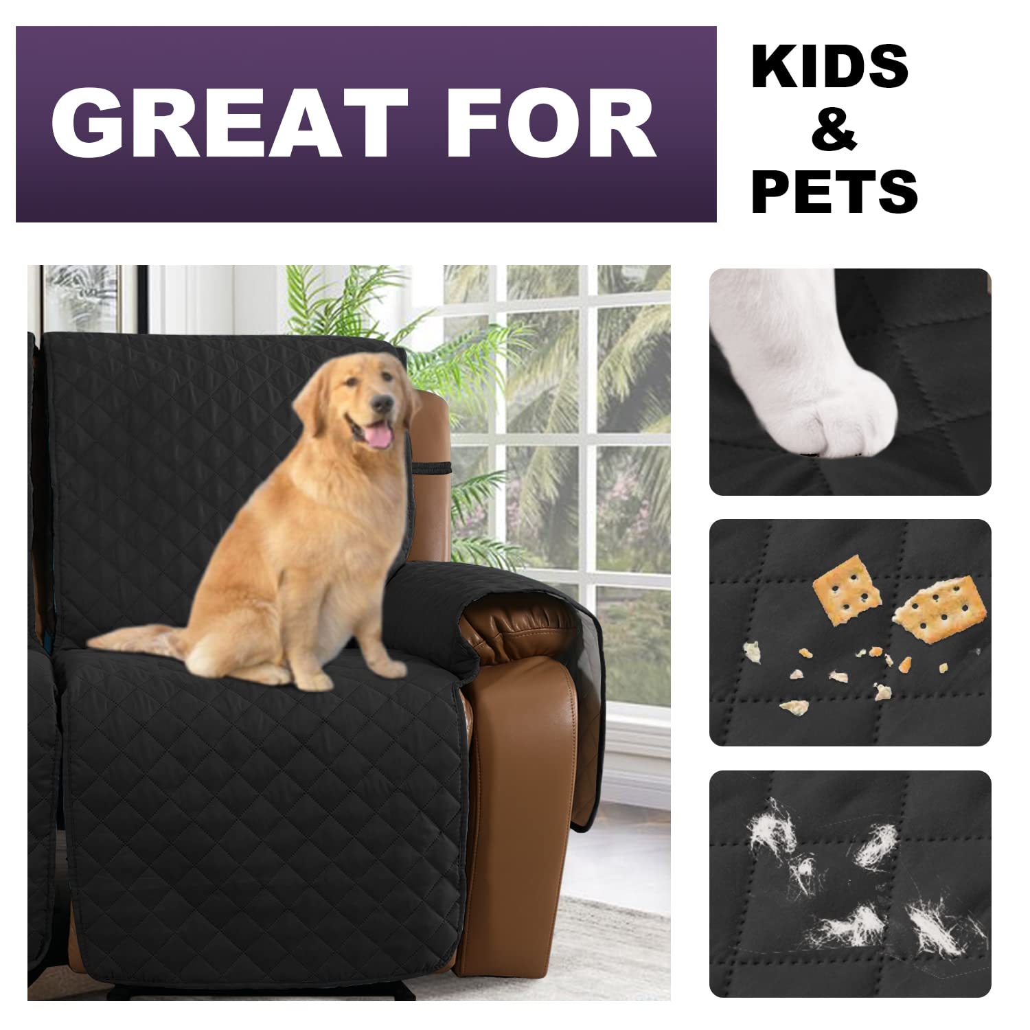 MeilleMaison Recliner Sofa Slipcover - Stretchable 2-Seater Couch Cover for Reclining Loveseat, Non-Slip Elastic Straps, Pet & Kid Friendly - Black/Grey (MMCLKR02C6) - Perfect for Living Room, Family Room & Home Theater Seating Protection