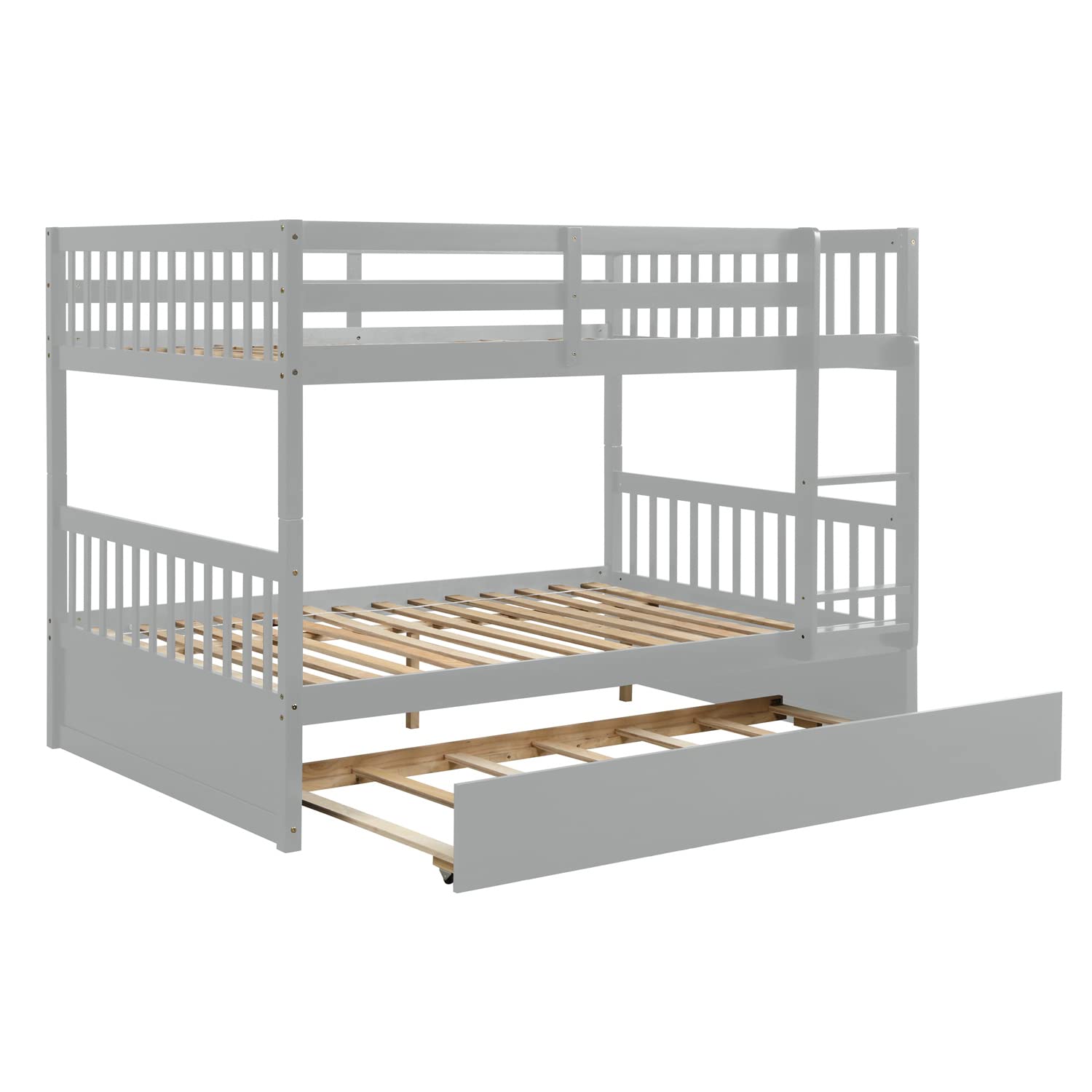 JINS&VICO Full Over Full Bunk Beds with Trundle - Convertible Wood Bunk Bed Frame with Safety Guardrail & Ladder for Teens & Adults - Converts to 2 Platform Beds - Gray - Perfect for Small Spaces, Guest Rooms & Kids' Bedrooms