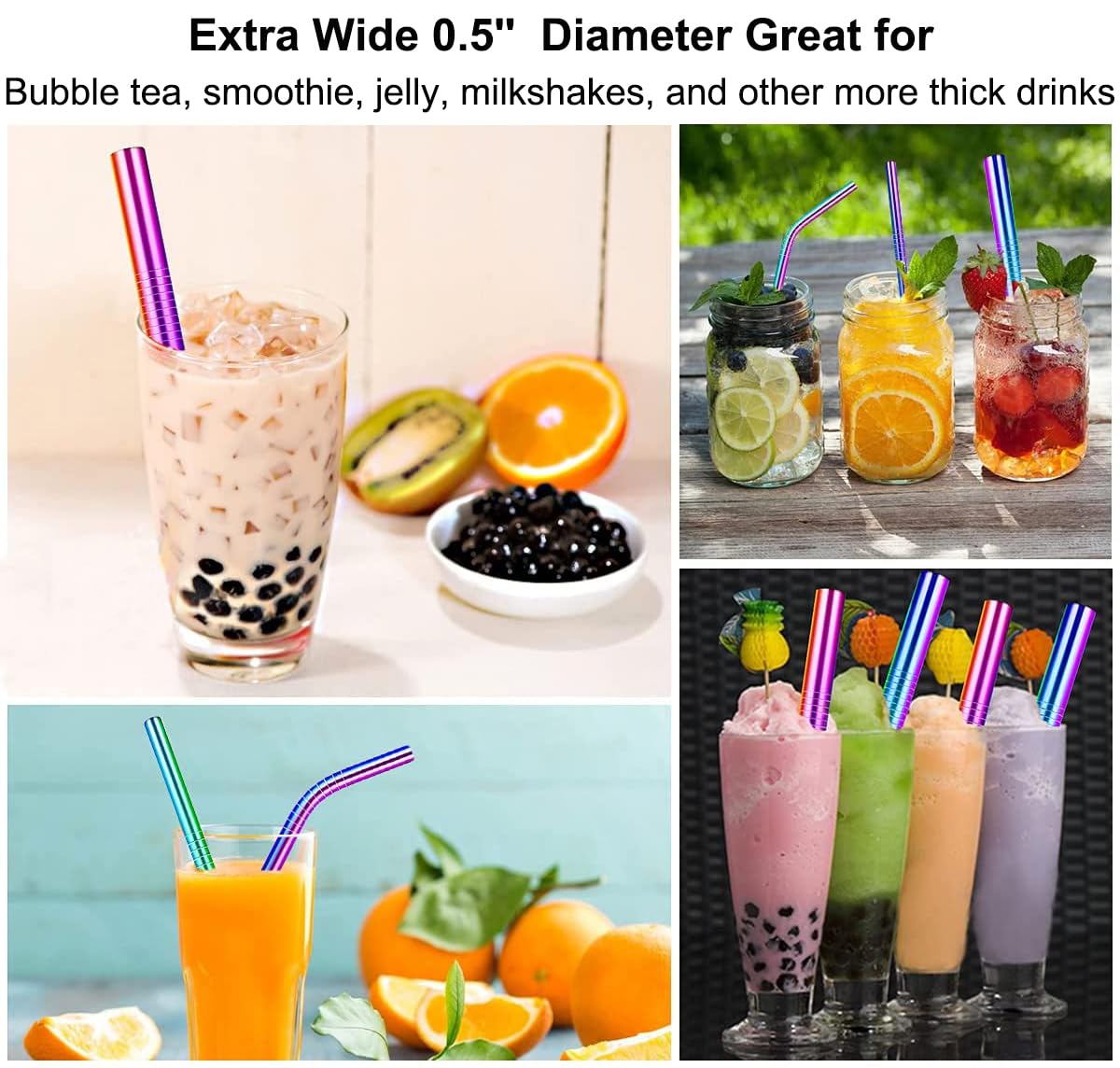 Vinaco Reusable Stainless Steel Smoothie & Milkshake Straws - 6 Pack Extra Wide 0.5