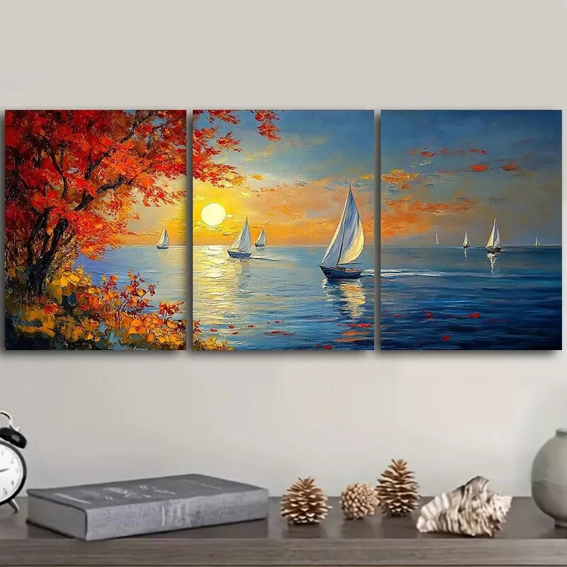 3-Piece Serene Sailboat Sunset & Vibrant Autumn Wall Art Set - Framed Canvas 50x70cm (20x28in) - High Quality Australian Made Prints - Ready to Hang - Perfect for Living Room, Bedroom or Office Decor