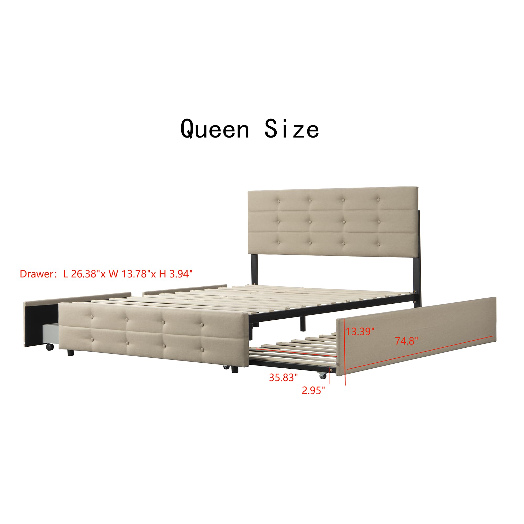 Harper & Bright Designs Queen Size Upholstered Platform Bed with Trundle & Storage Drawers - Light Beige Linen Fabric - Perfect for Small Bedrooms, Guest Rooms & Space-Saving Solutions