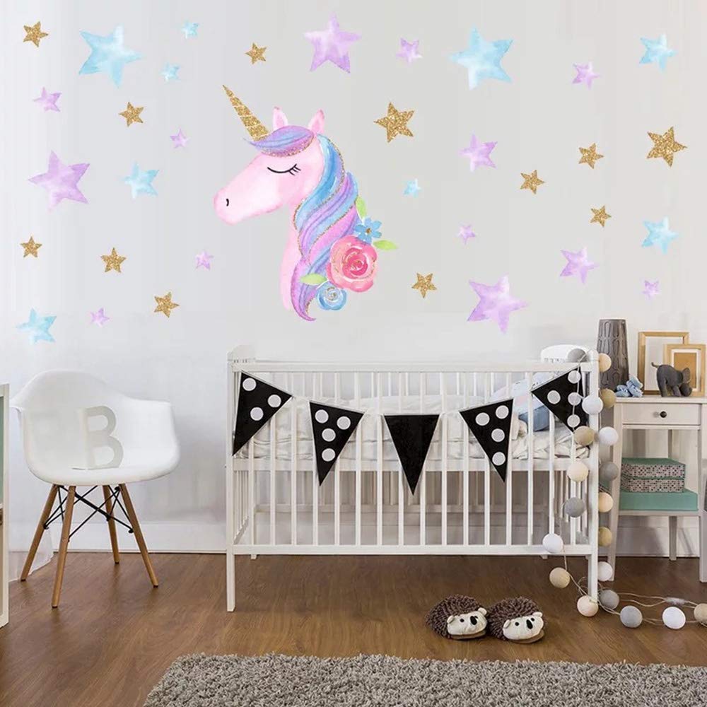Unicorn Wall Decals for Kids Room - Stars & Flowers Nursery Decor for Boys & Girls Birthday Party
