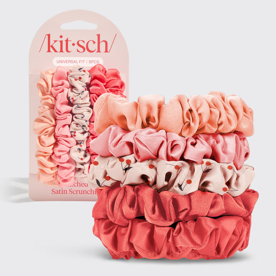 Ruched Satin Scrunchies 5-Piece Set - Cherry Blossom Hair Ties for Women | Perfect for Workouts, Office & Everyday Hairstyles