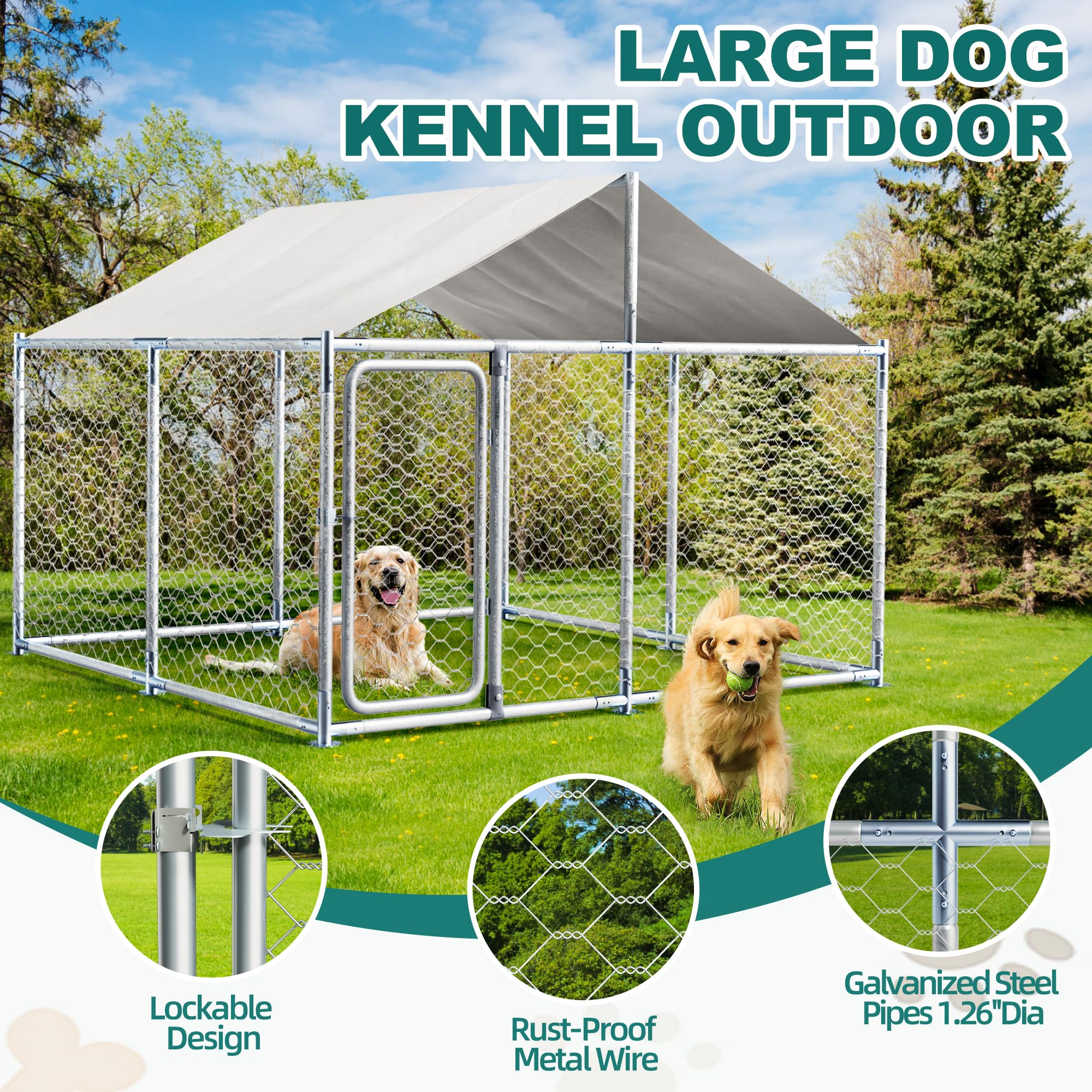 Heavy Duty Outdoor Dog Kennel - 7.5x7.5ft Galvanized Steel Dog Cage with Roof, UV & Water Resistant - Secure Playpen for Small, Medium & Large Dogs - Perfect for Backyard, Patio & Camping Use