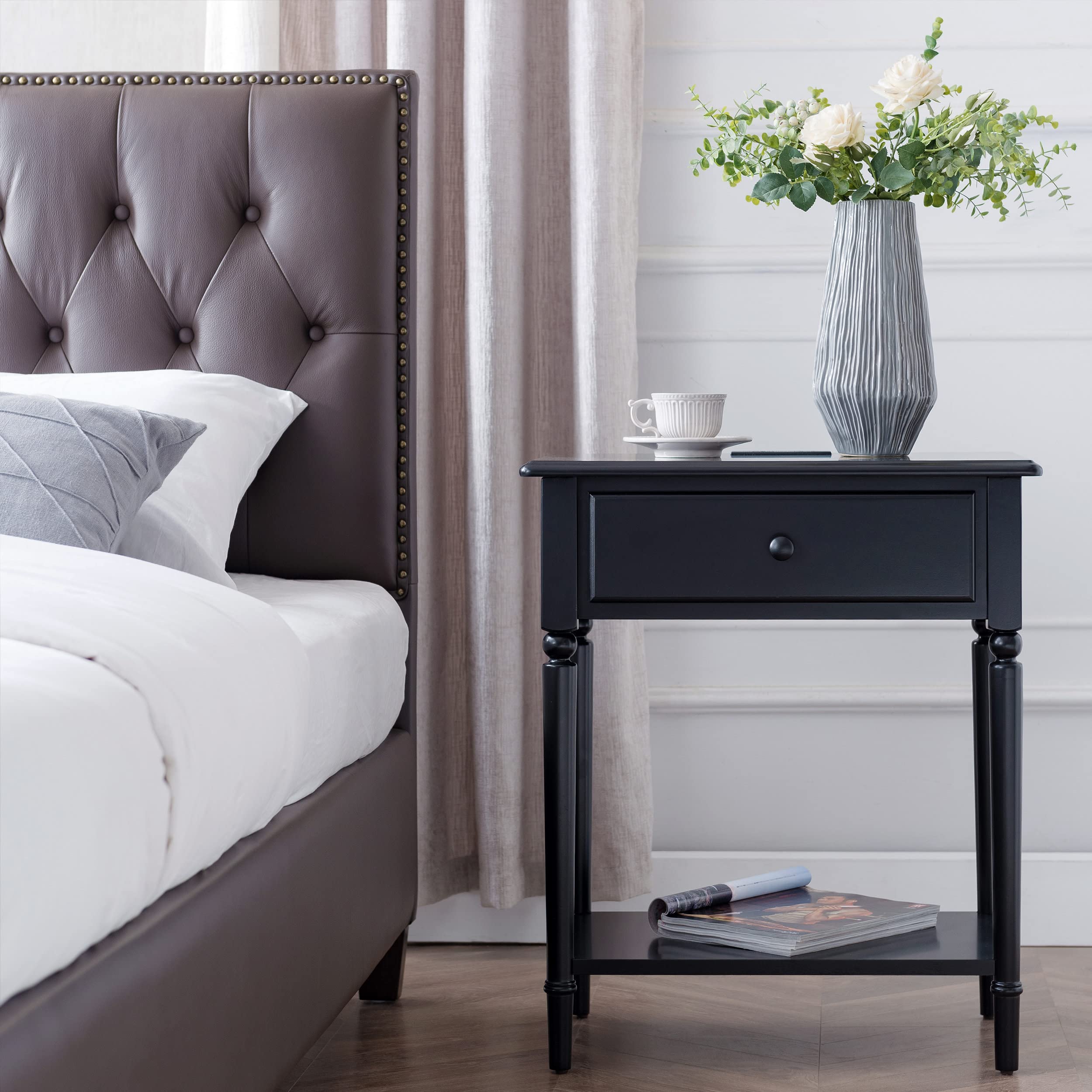 Coastal Nightstand with USB-C Fast Charging Station - Solid Wood Swan Black Side Table for Bedroom, Living Room & Small Spaces - Modern End Table with Storage Shelf - Perfect for Charging Devices & Organizing Essentials - Leick Home 20022-BK