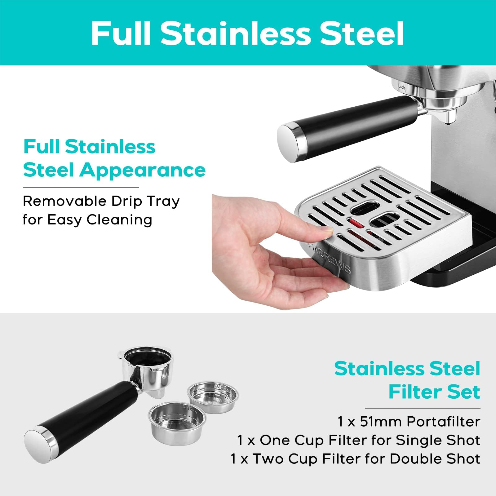 CASABREWS 20 Bar Espresso Machine - Professional Coffee Maker for Cappuccino & Latte with Steam Wand, Compact Design with 1.3L Removable Water Tank, Stainless Steel - Perfect for Home, Office & Coffee Shops