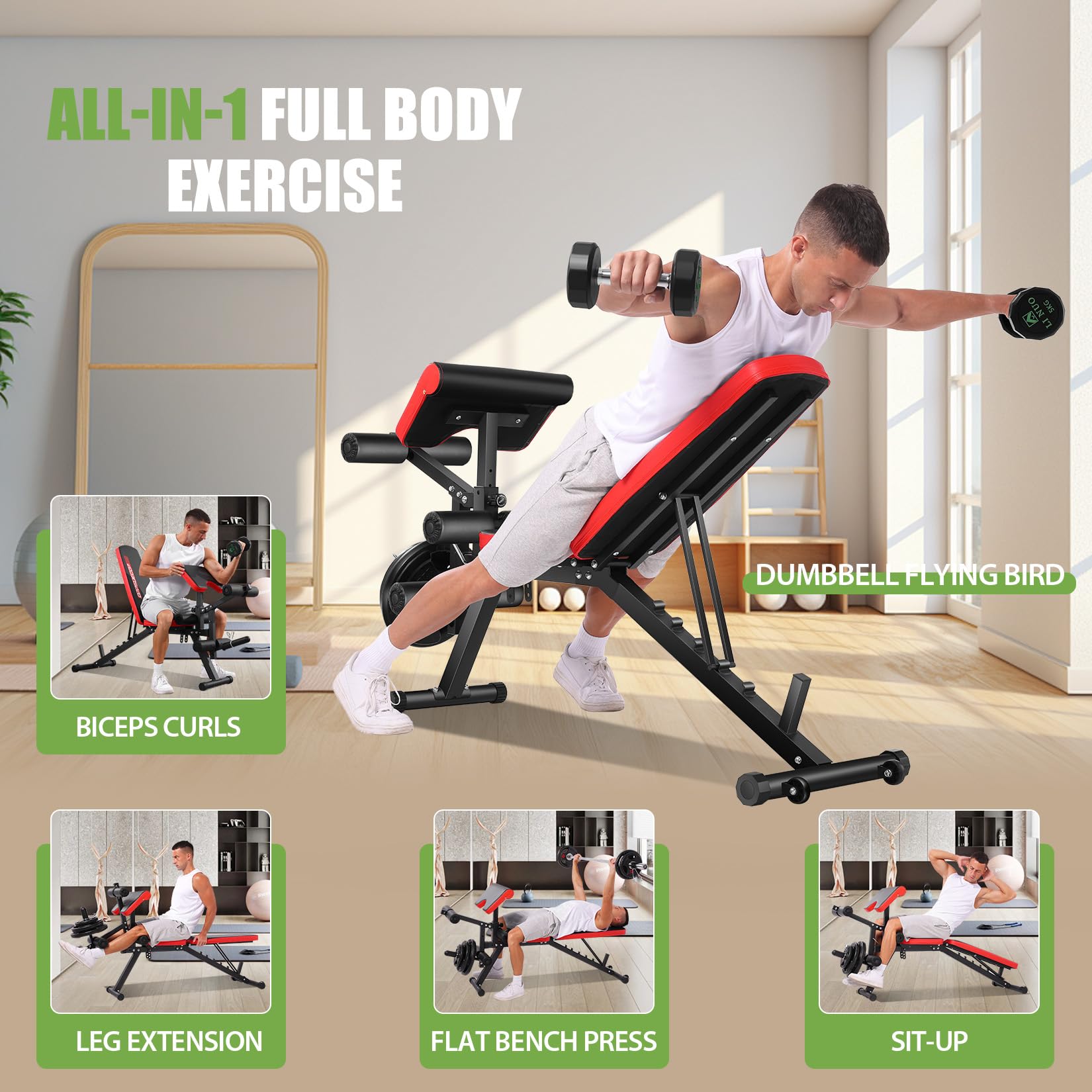 **OPPSDECOR Adjustable Weight Bench with Leg Extension & Curl, 800LBS Capacity Flat/Incline/Decline Workout Bench for Home Gym - Perfect for Strength Training, Bench Press & Full-Body Exercises**