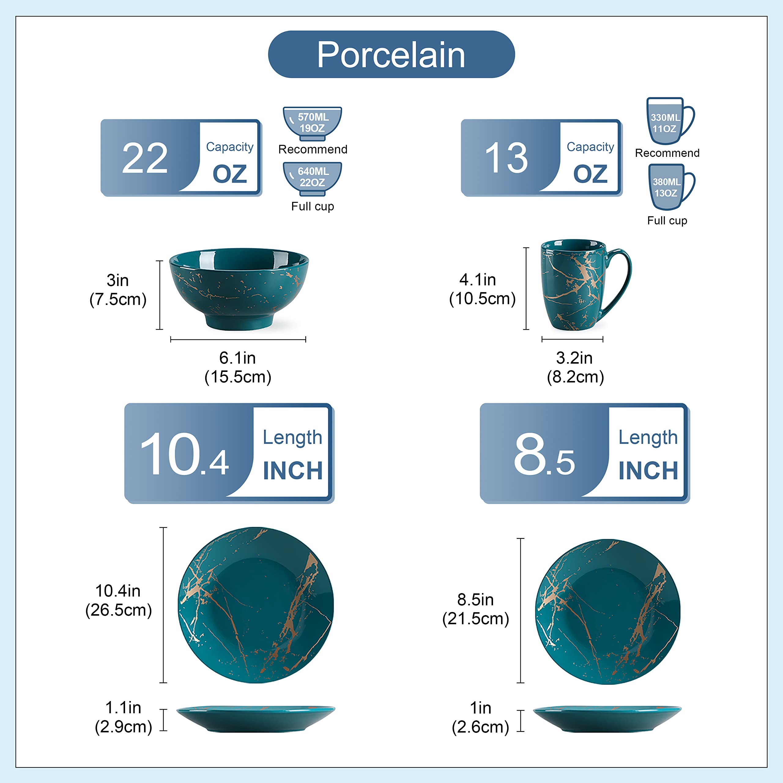 LOVECASA 16-Piece Porcelain Dinnerware Set for 4 - Gold Trim Dark Green Plates, Bowls & Mugs - Elegant Dinner Plates, Dessert Plates & Soup Bowls - Perfect for Family Dinners, Holiday Entertaining & Restaurant-Style Dining
